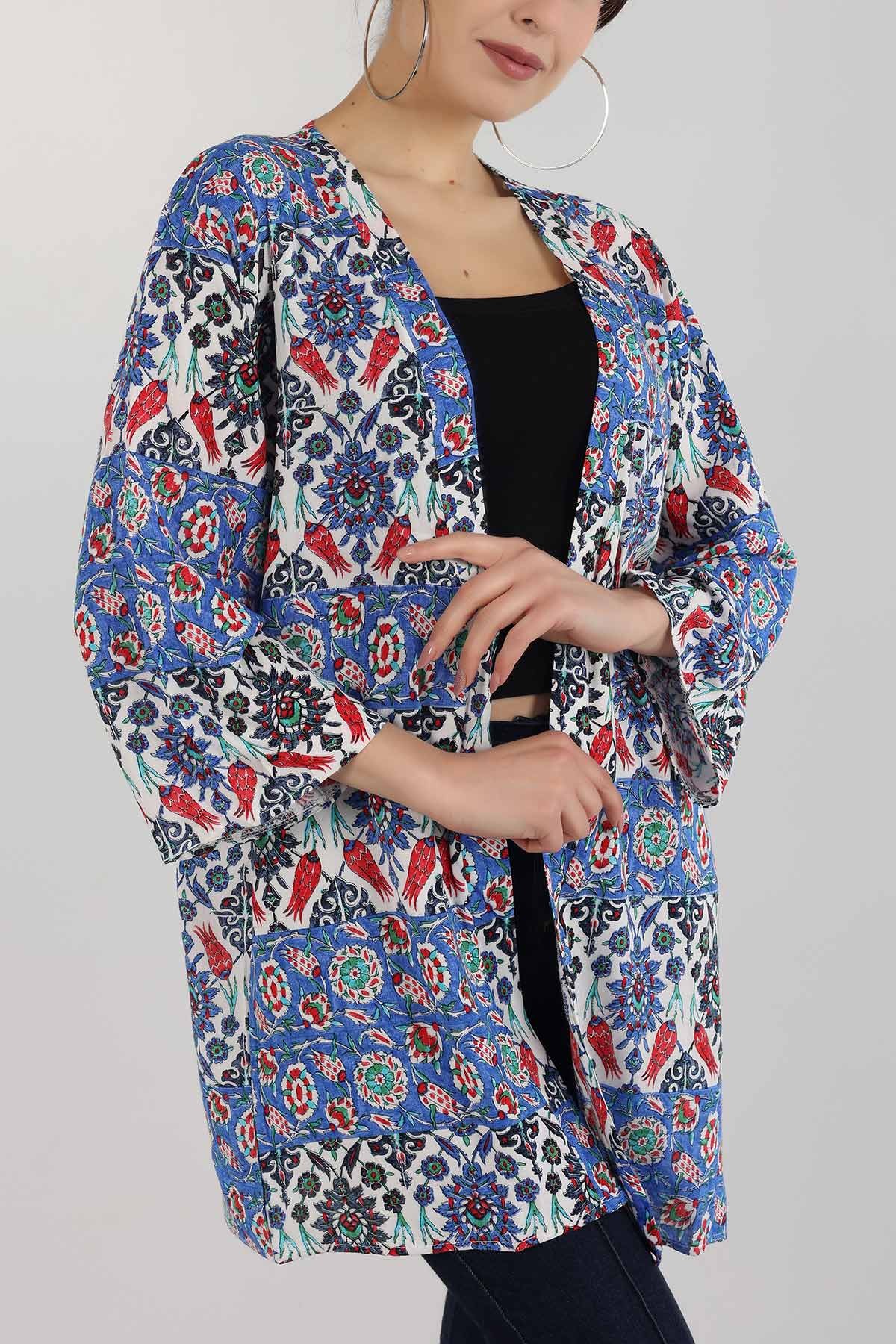 Mavi Desenli Dokuma Viskon Kimono 162929