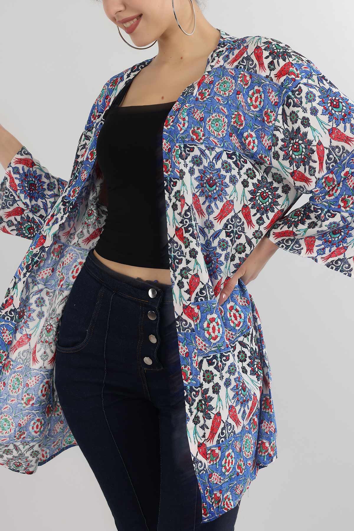 Mavi Desenli Dokuma Viskon Kimono 162929