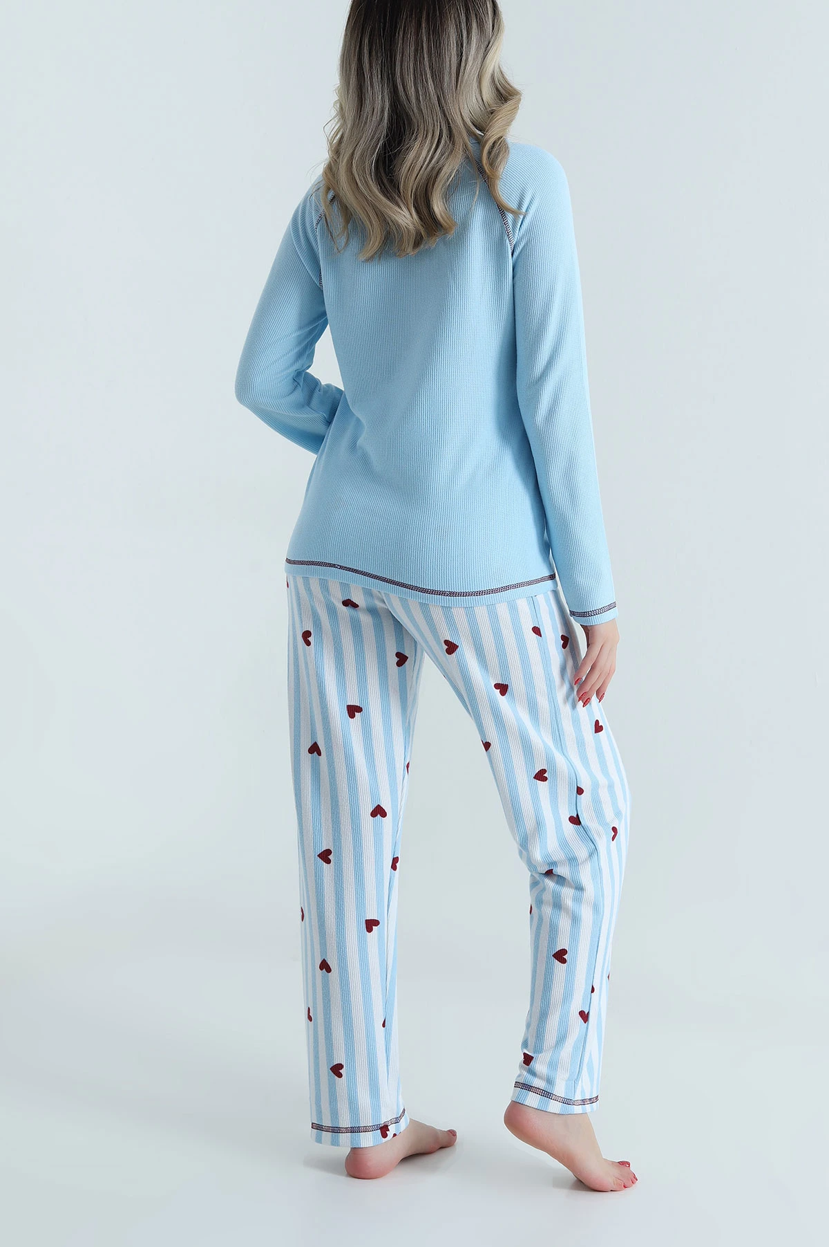 Mavi Desenli Waffle Kadın Pijama Takımı 486242