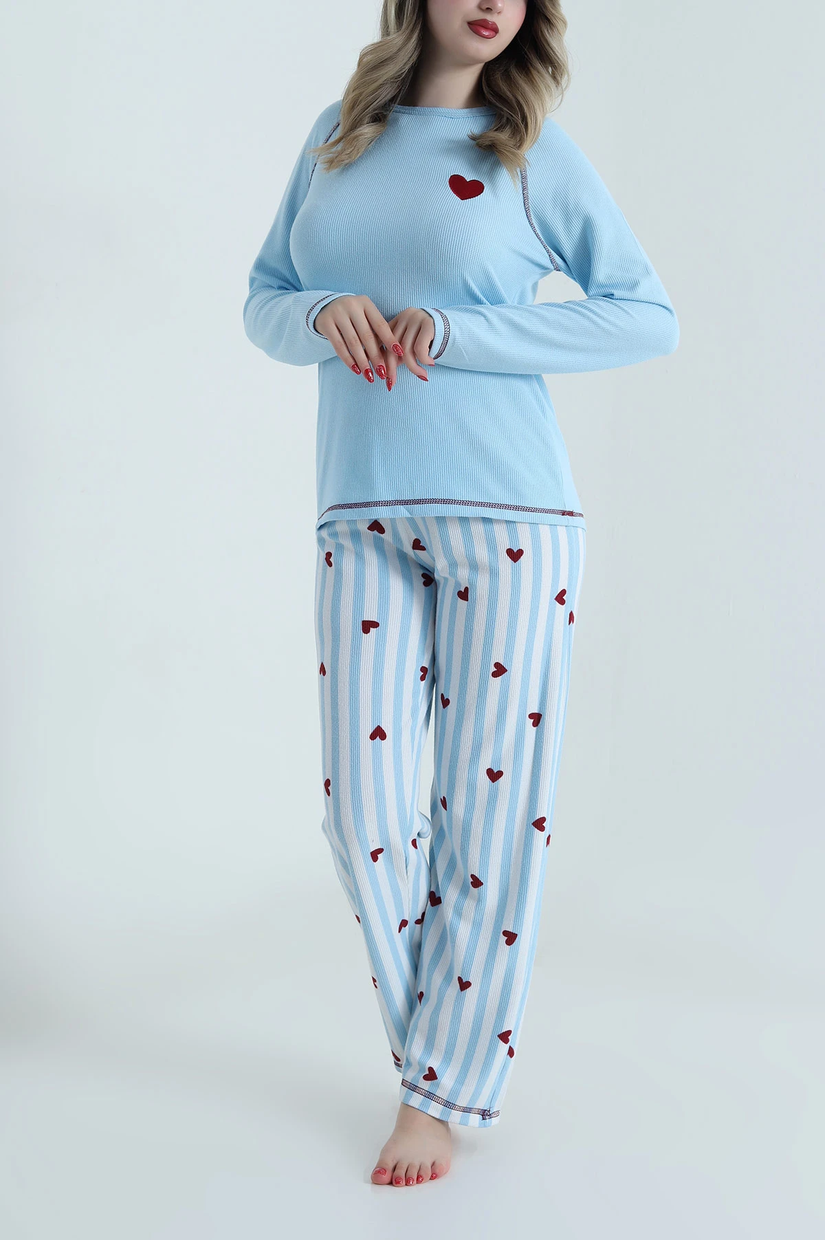 Mavi Desenli Waffle Kadın Pijama Takımı 486242