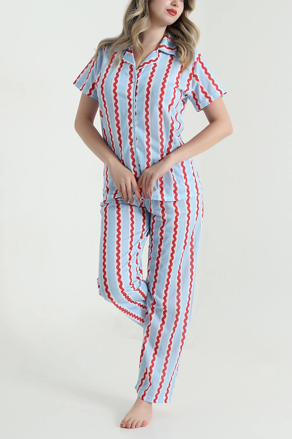 Mavi Dijital Düğmeli Şortlu Kadın Pijama Takımı 478570
