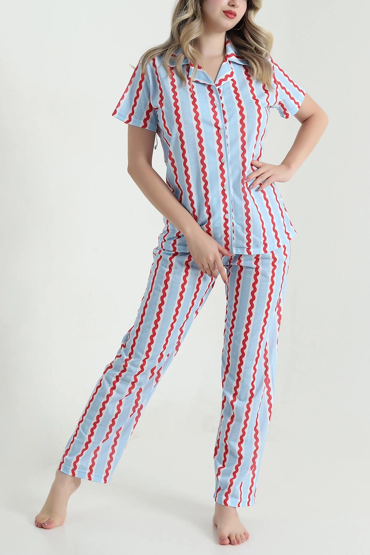 Mavi Dijital Düğmeli Şortlu Kadın Pijama Takımı 478570