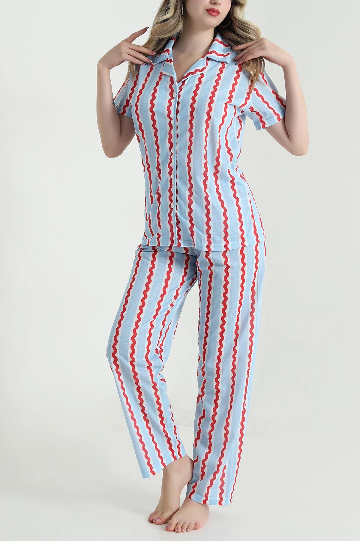 Mavi Dijital Düğmeli Şortlu Kadın Pijama Takımı 478570