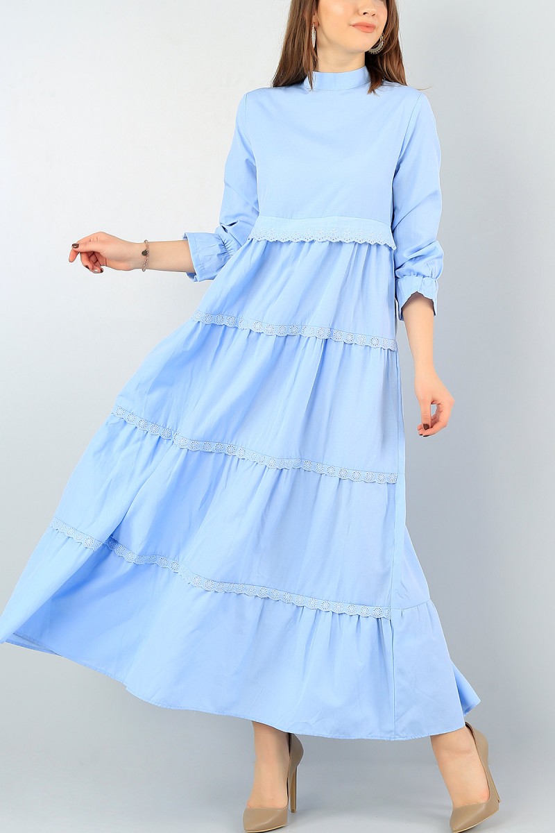 Mavi Dokuma Güpür Tasarımlı Elbise 57797