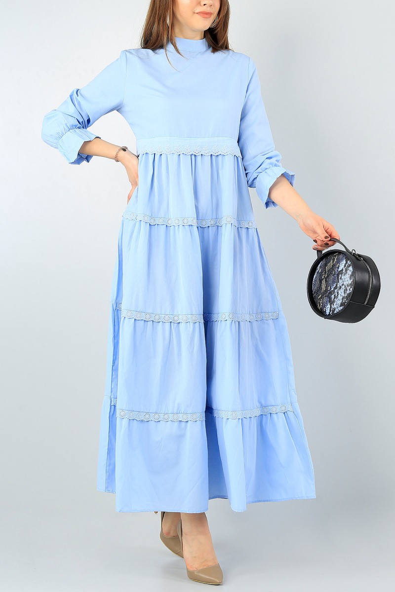 Mavi Dokuma Güpür Tasarımlı Elbise 57797