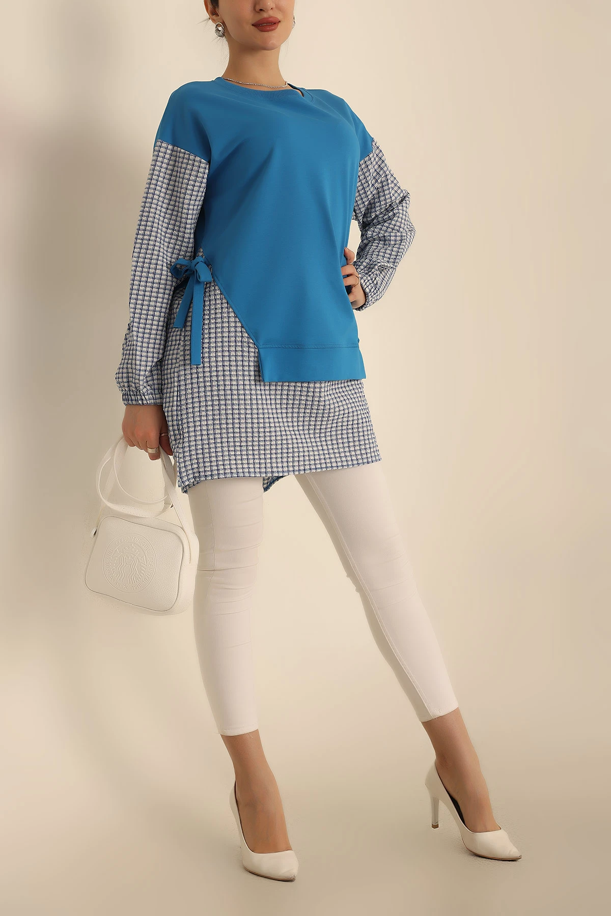 Mavi Dokuma Kol Garnili İki İp Tunik 245347