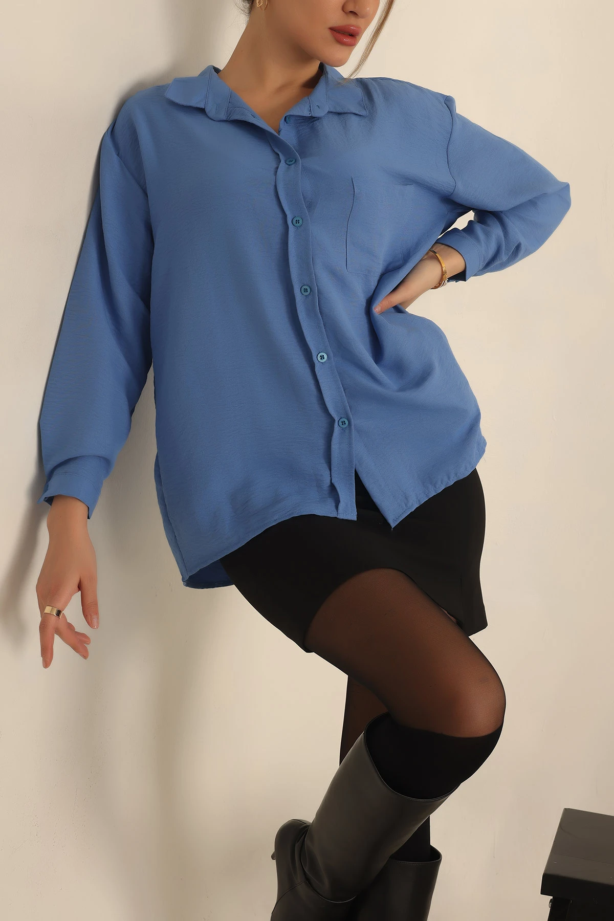 Mavi Dokuma Oversize Bayan Gömlek 234216