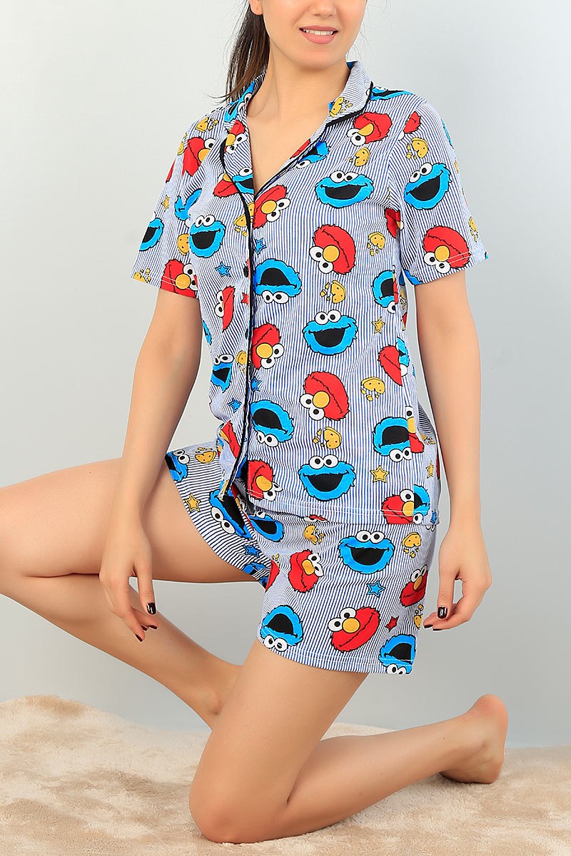 Mavi Düğmeli Baskılı Bayan Pijama Takımı 68286