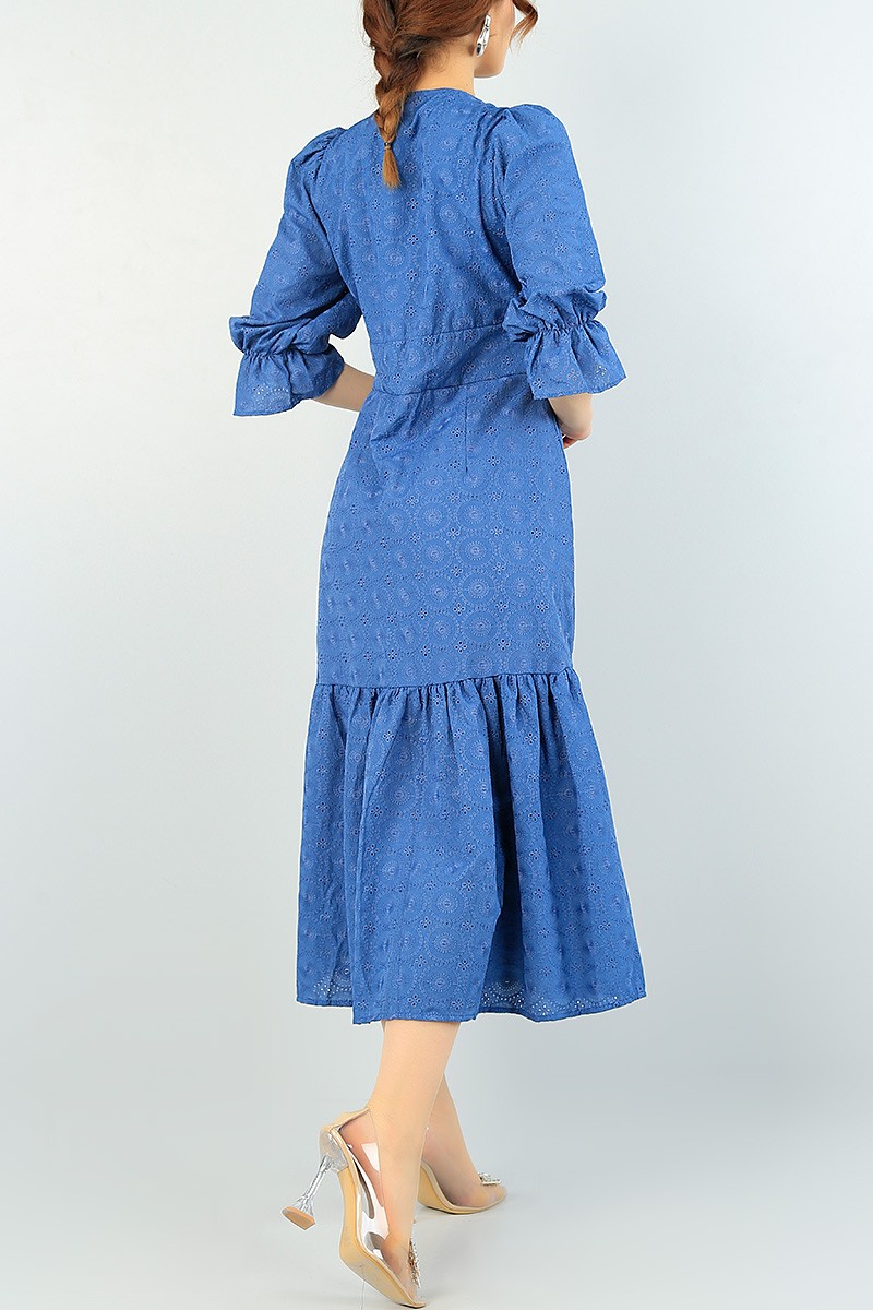 Mavi Düğmeli Fisto İşlemeli Dokuma Elbise 65074