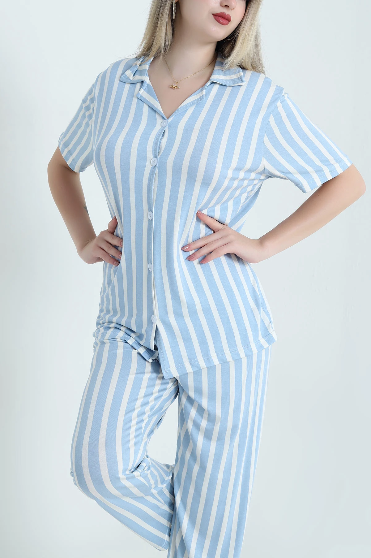 Mavi Düğmeli Viskon  Kadın Pijama Takımı 466683