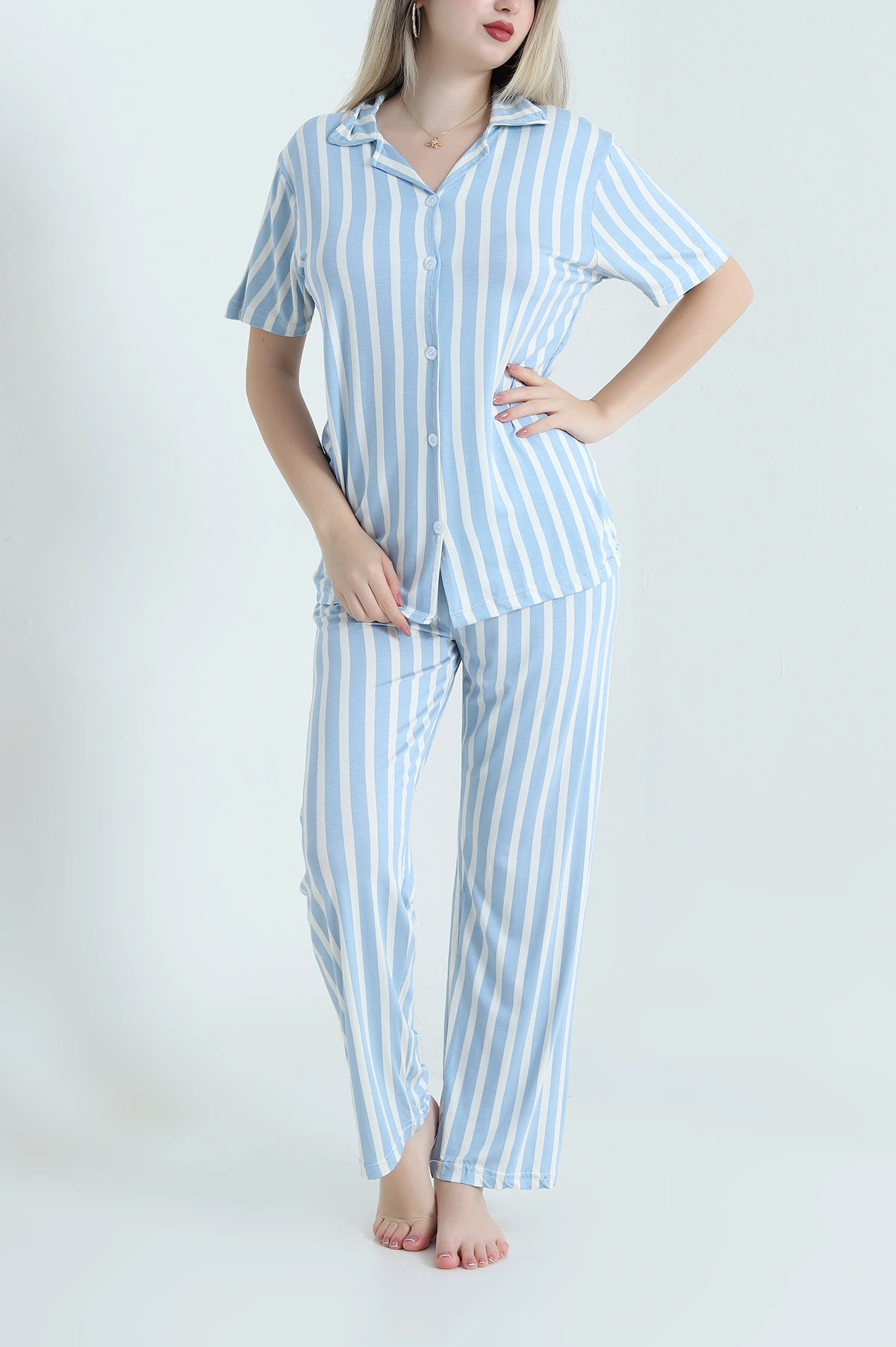 Mavi Düğmeli Viskon  Kadın Pijama Takımı 466683