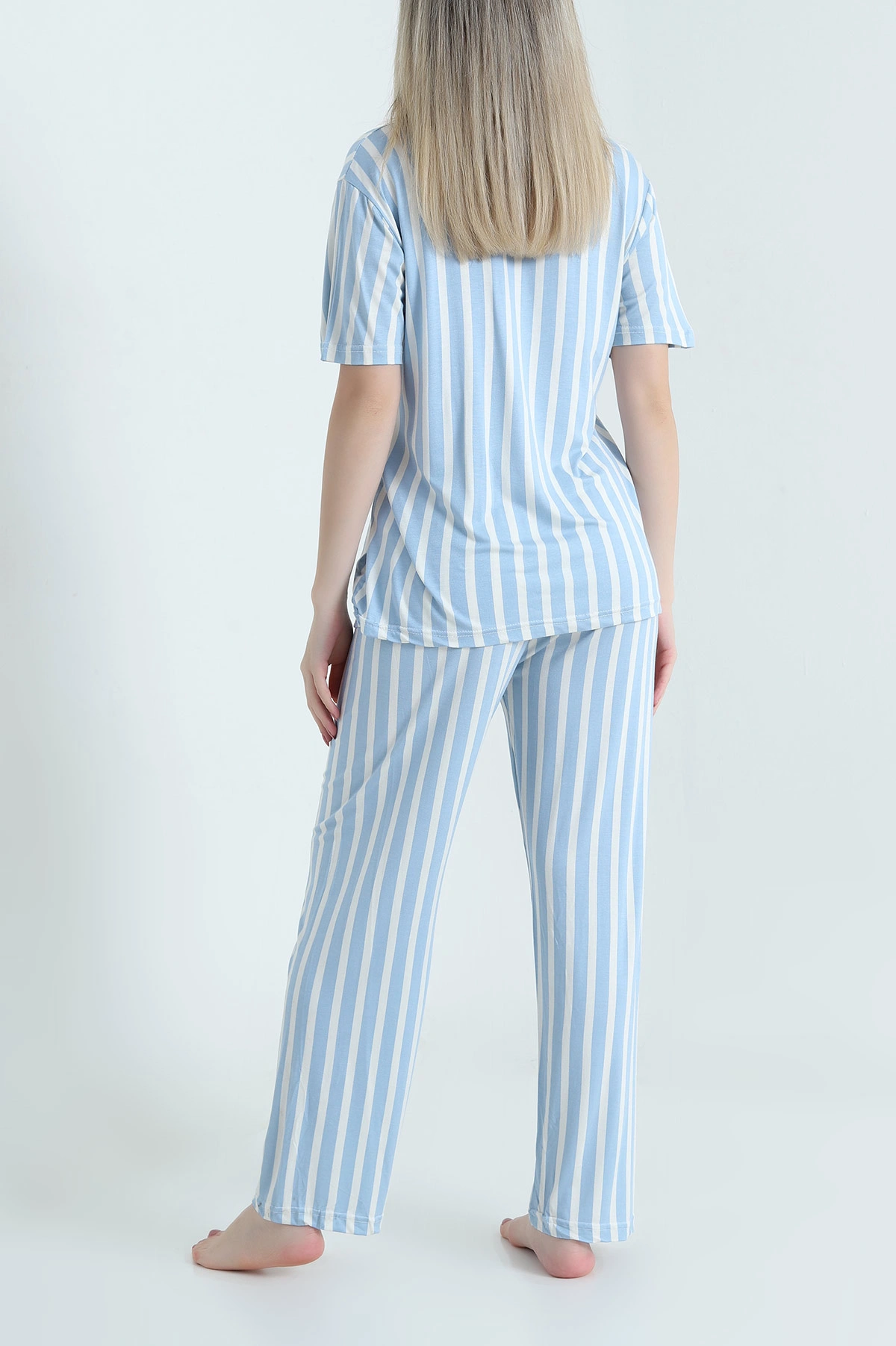 Mavi Düğmeli Viskon  Kadın Pijama Takımı 466683