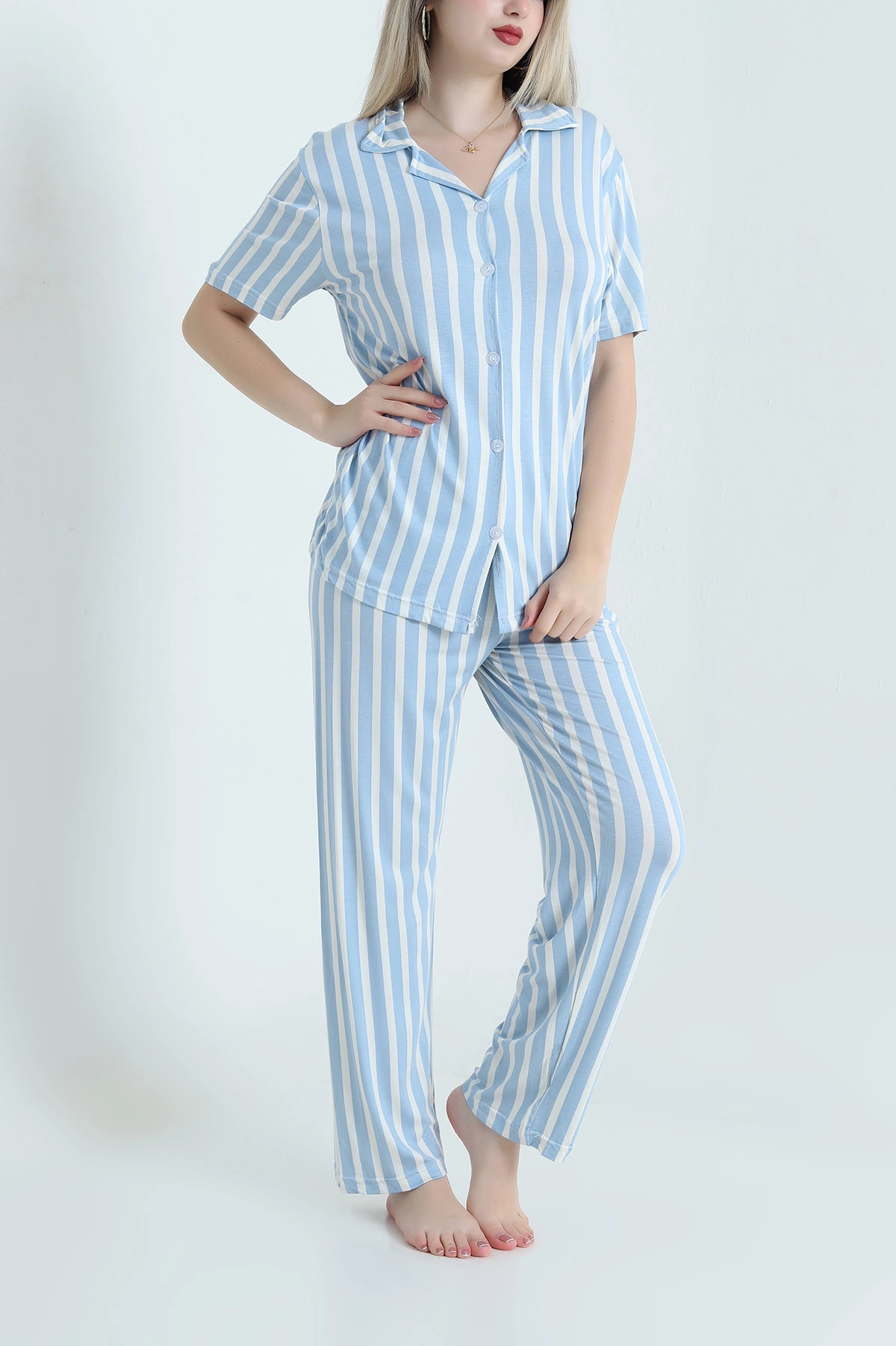 Mavi Düğmeli Viskon  Kadın Pijama Takımı 466683