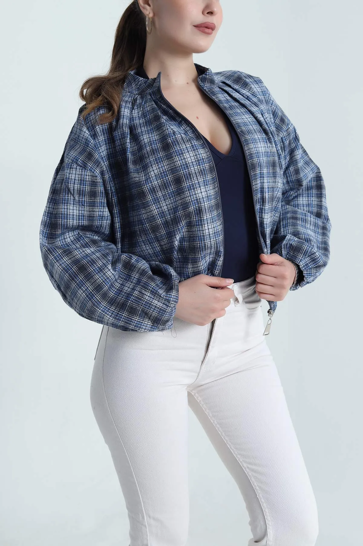 Mavi Ekose Bomber Kadın Mevsimlik Mont 484487
