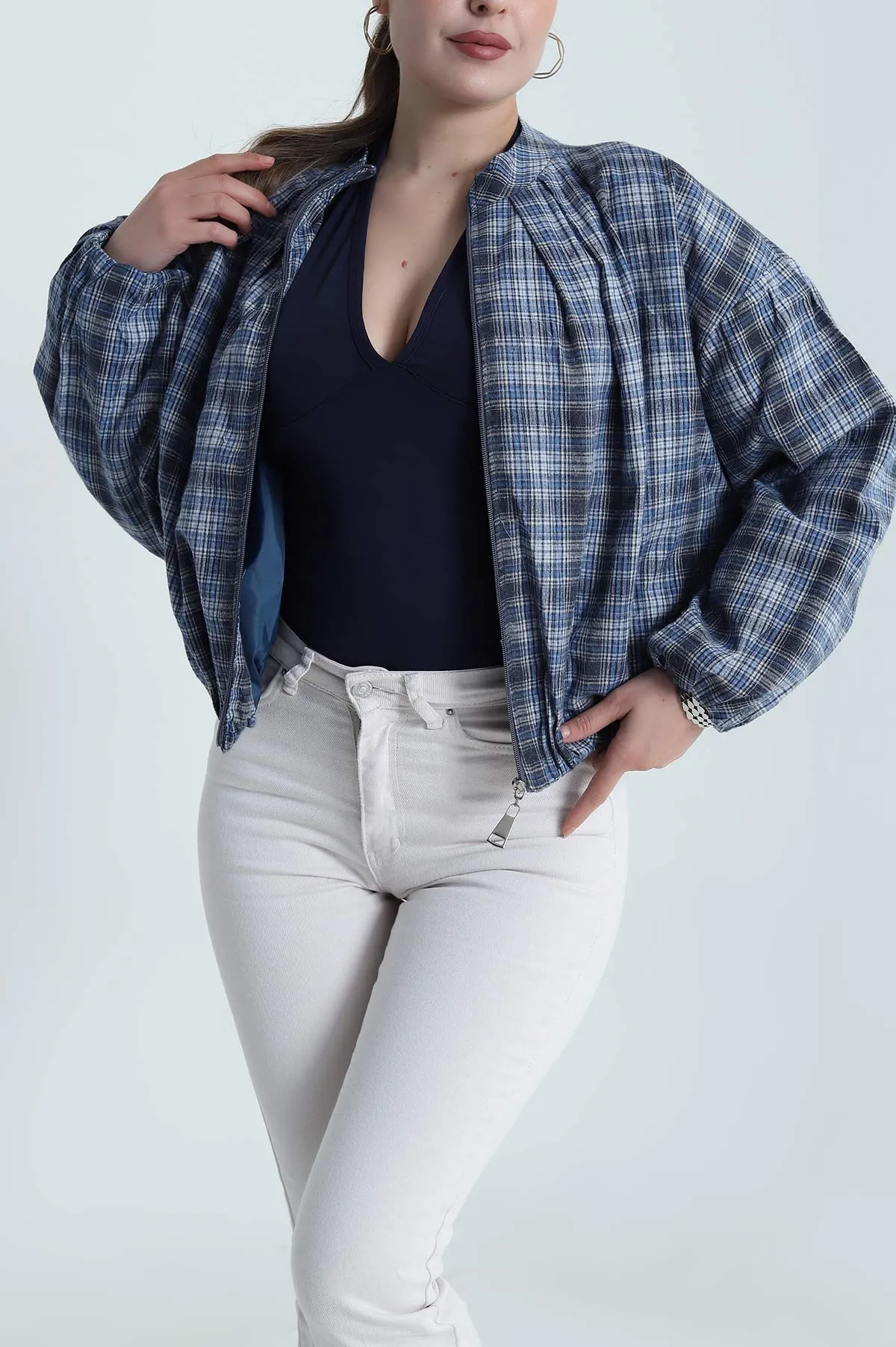 Mavi Ekose Bomber Kadın Mevsimlik Mont 484487
