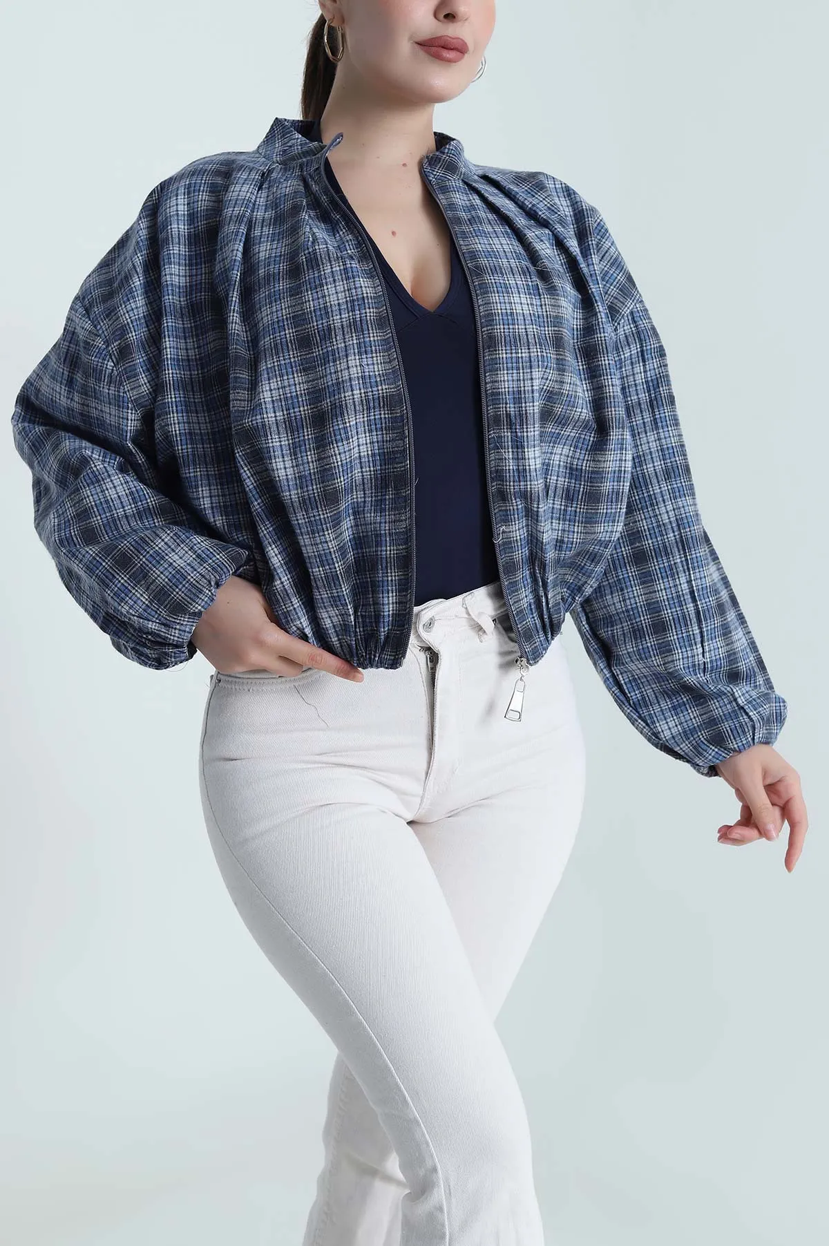 Mavi Ekose Bomber Kadın Mevsimlik Mont 484487