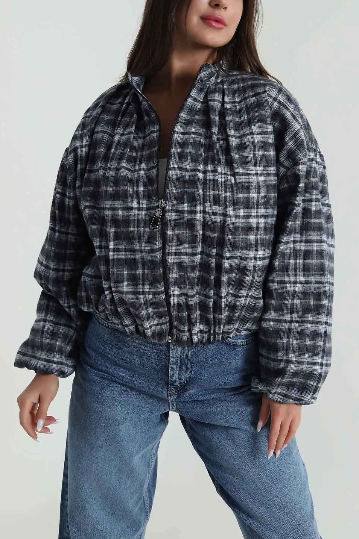 Mavi Ekose Bomber Kadın Mevsimlik Mont 488243