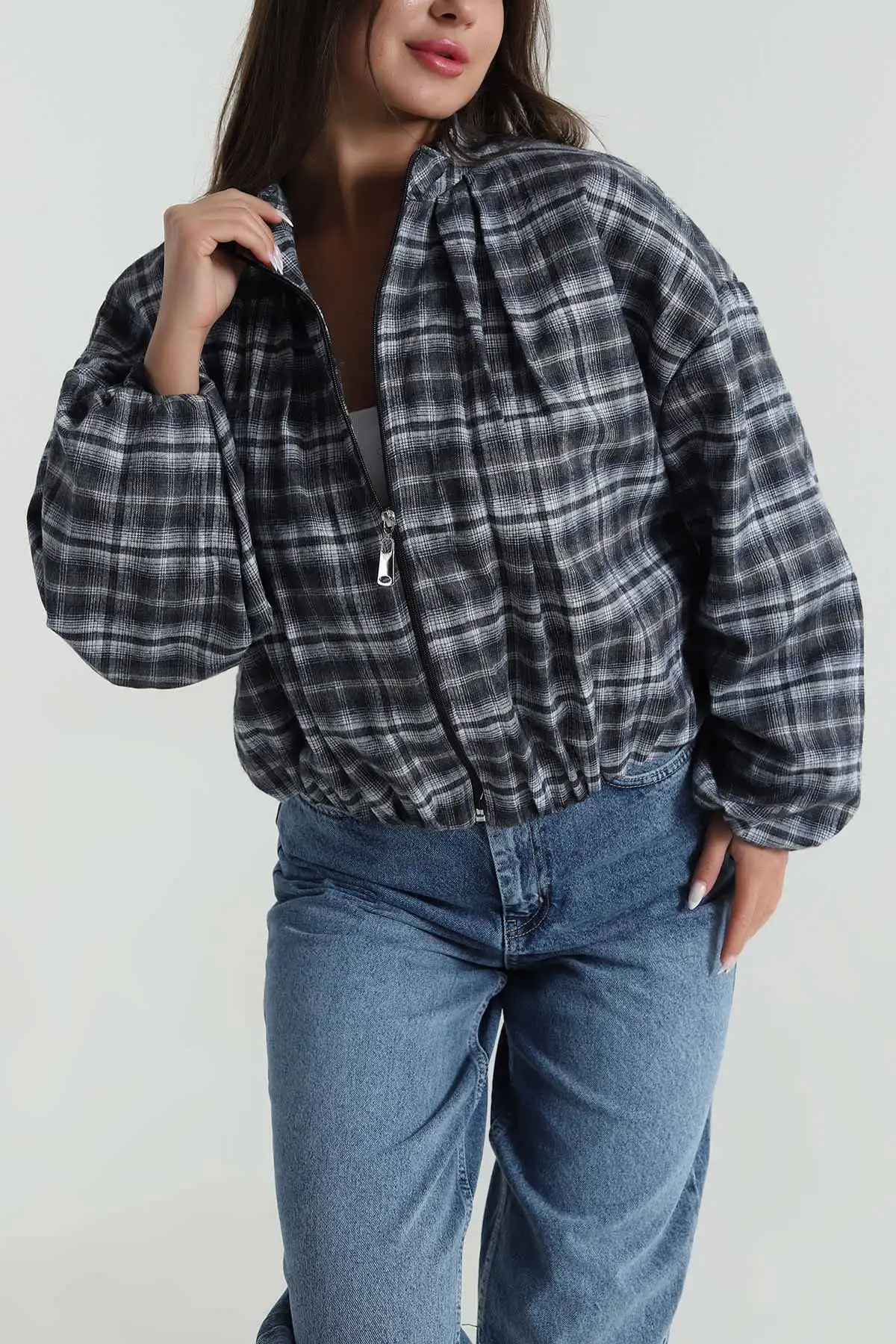 Mavi Ekose Bomber Kadın Mevsimlik Mont 488243
