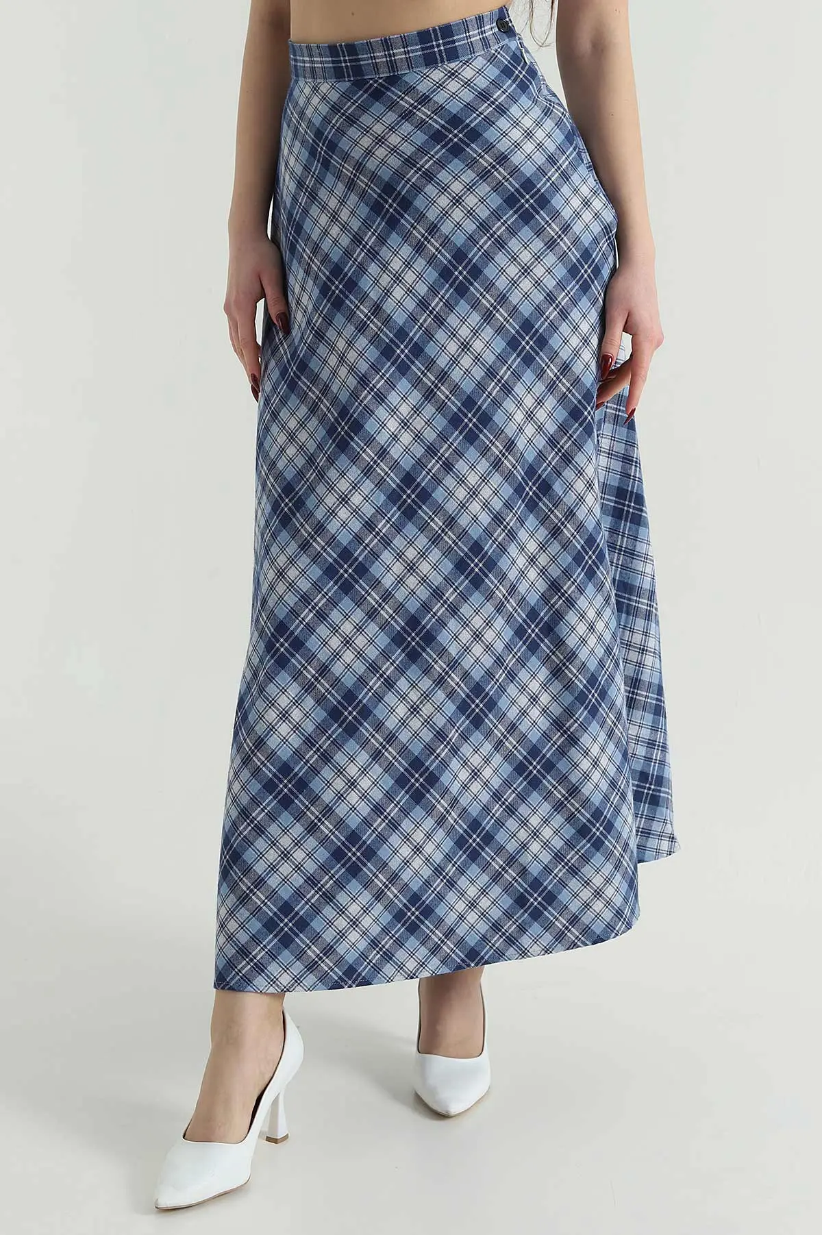 Mavi Ekose Desen Yün Efekt Kadın Etek 420922