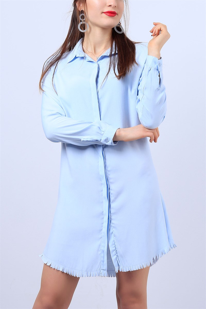 Mavi Eteği Püsküllü Bayan Gömlek Elbise 11286B