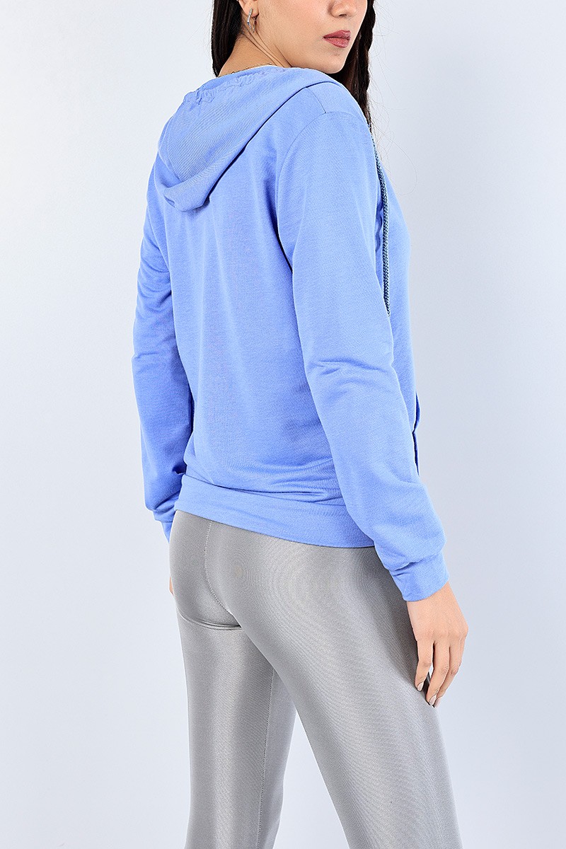 Mavi Fermuarlı Kapüşonlu Bayan Sweat 83080