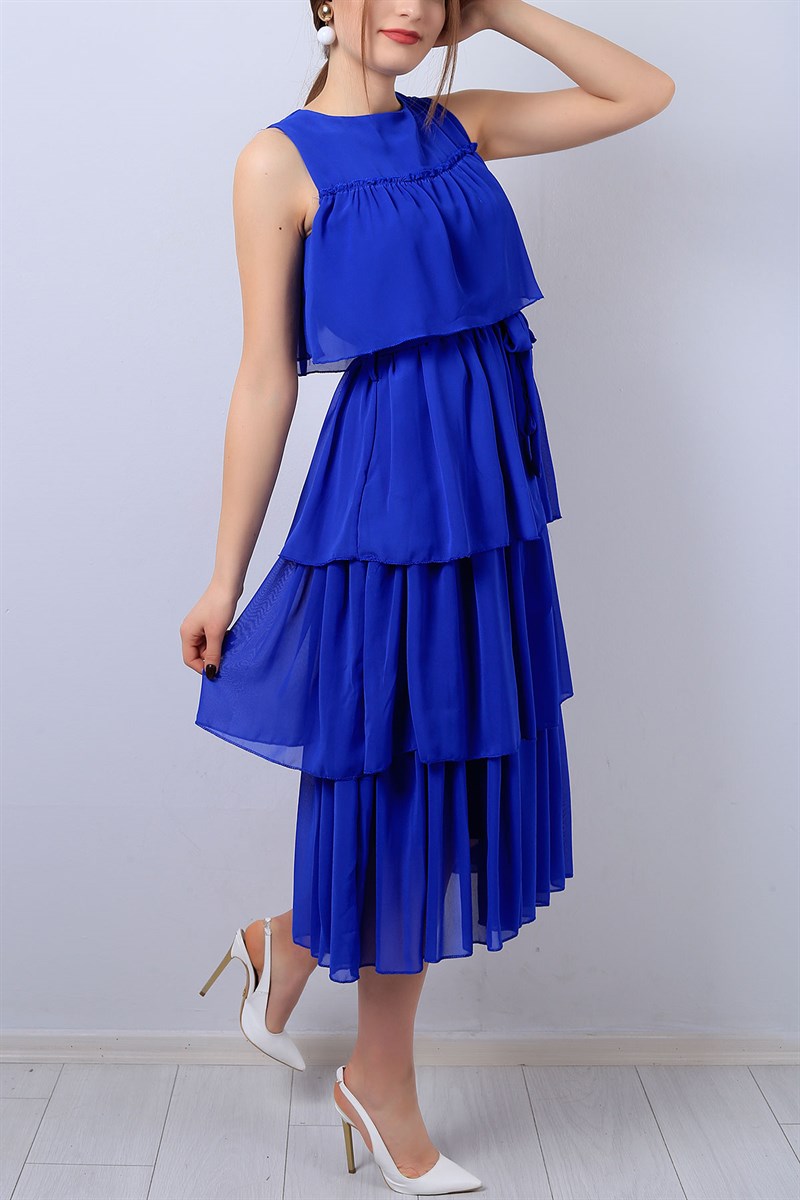 Mavi Fırfırlı Bayan Şifon Elbise 13330B