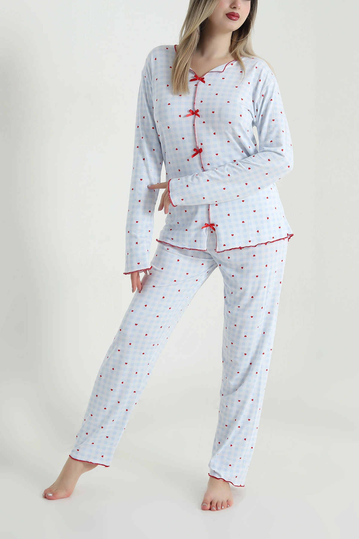 Mavi Fiyonklu Soft Süet Kadın Pijama Takımı 488905