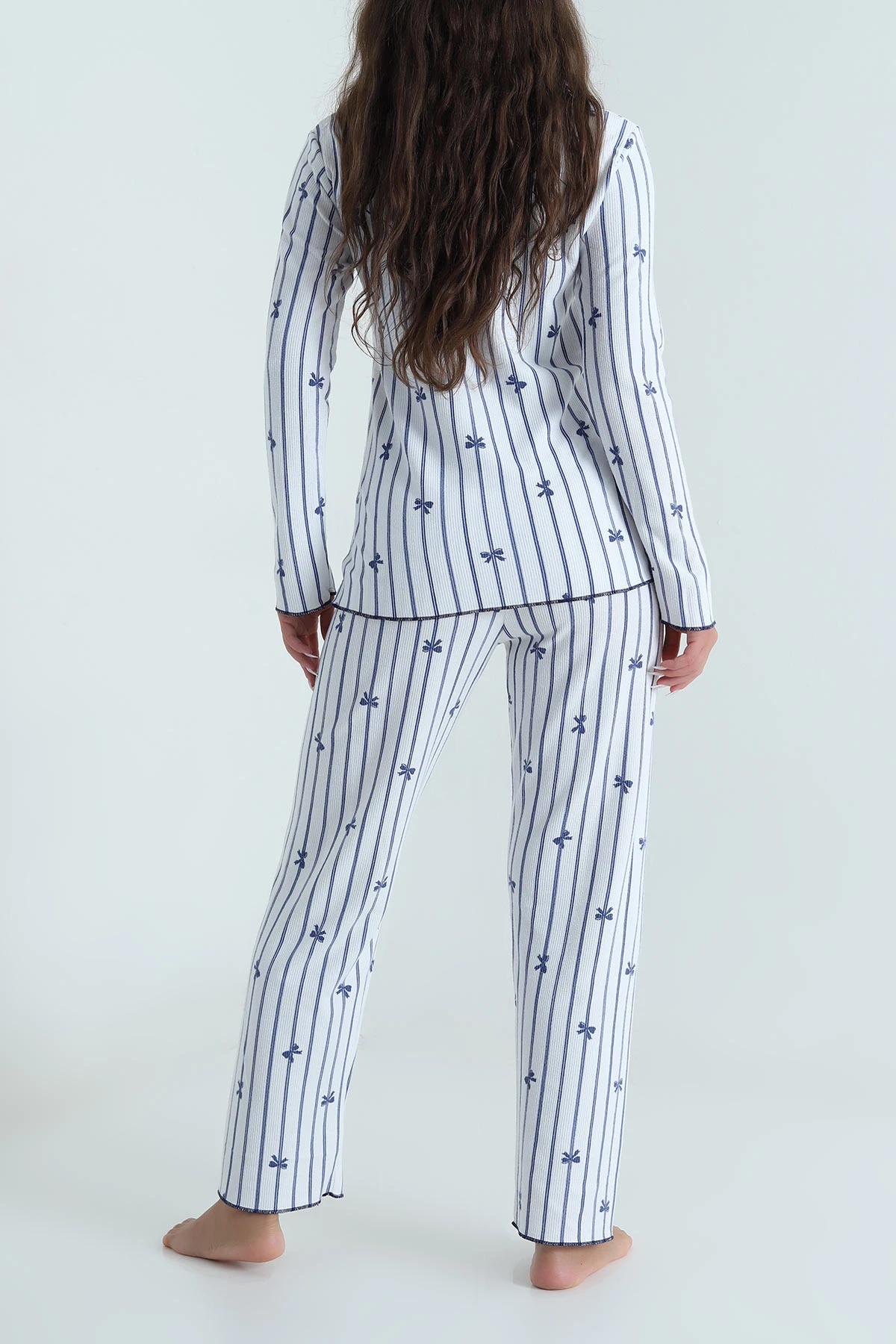 Mavi Fiyonklu Waffele Kadın Pijama Takımı 488903