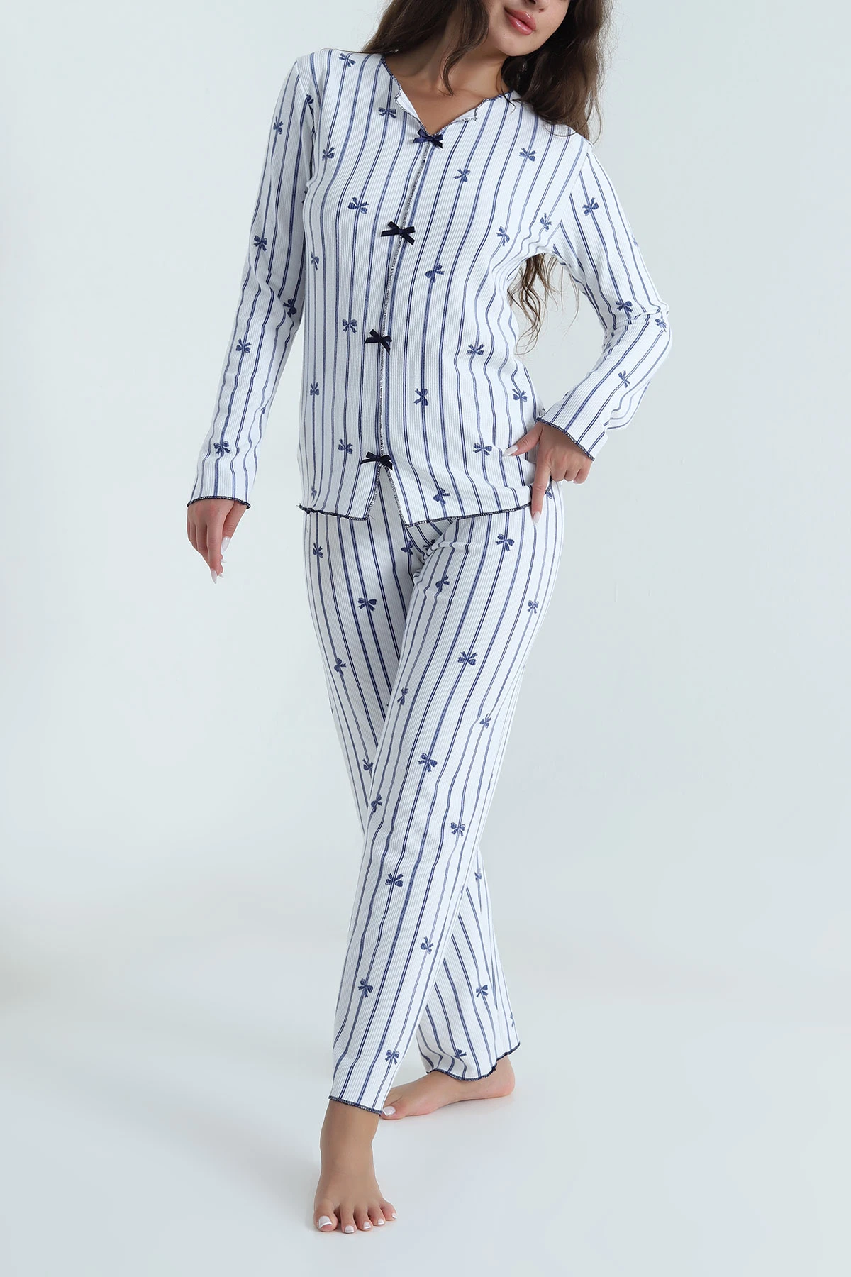Mavi Fiyonklu Waffele Kadın Pijama Takımı 488903