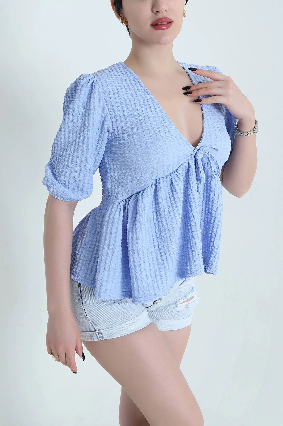 Mavi Gofre V Yaka Kadın Bluz 452304