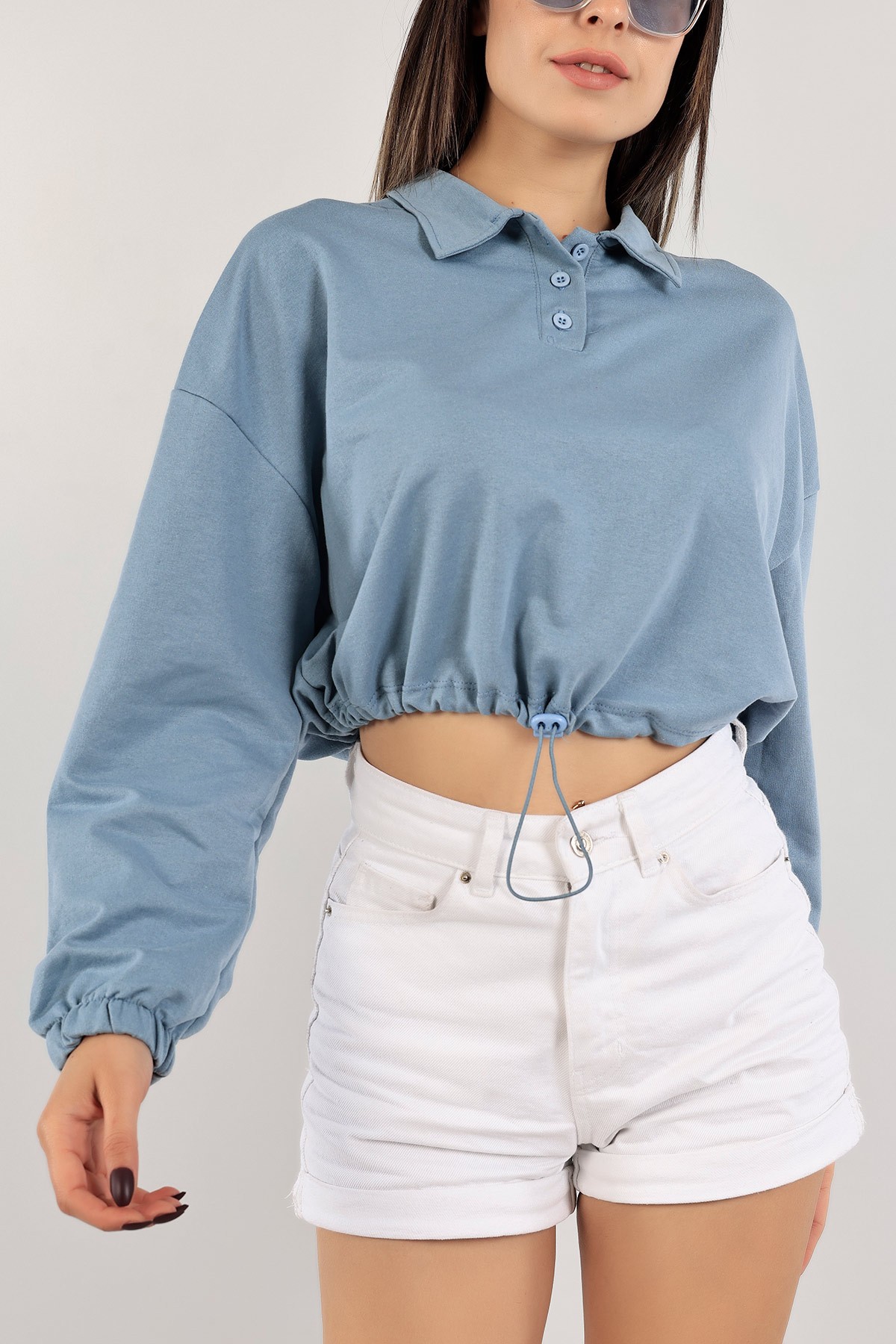 Mavi İki İp Bayan Crop Sweat 123564