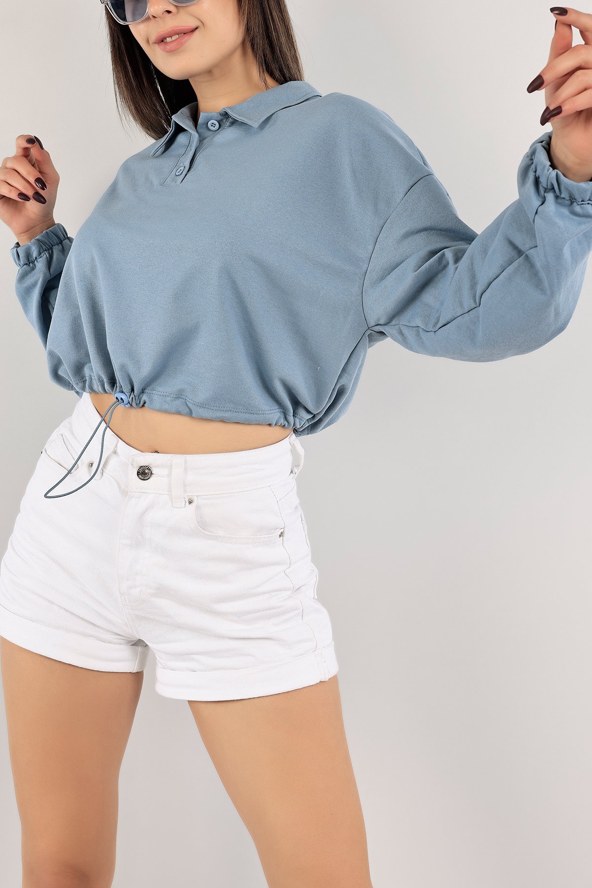 Mavi İki İp Bayan Crop Sweat 123564