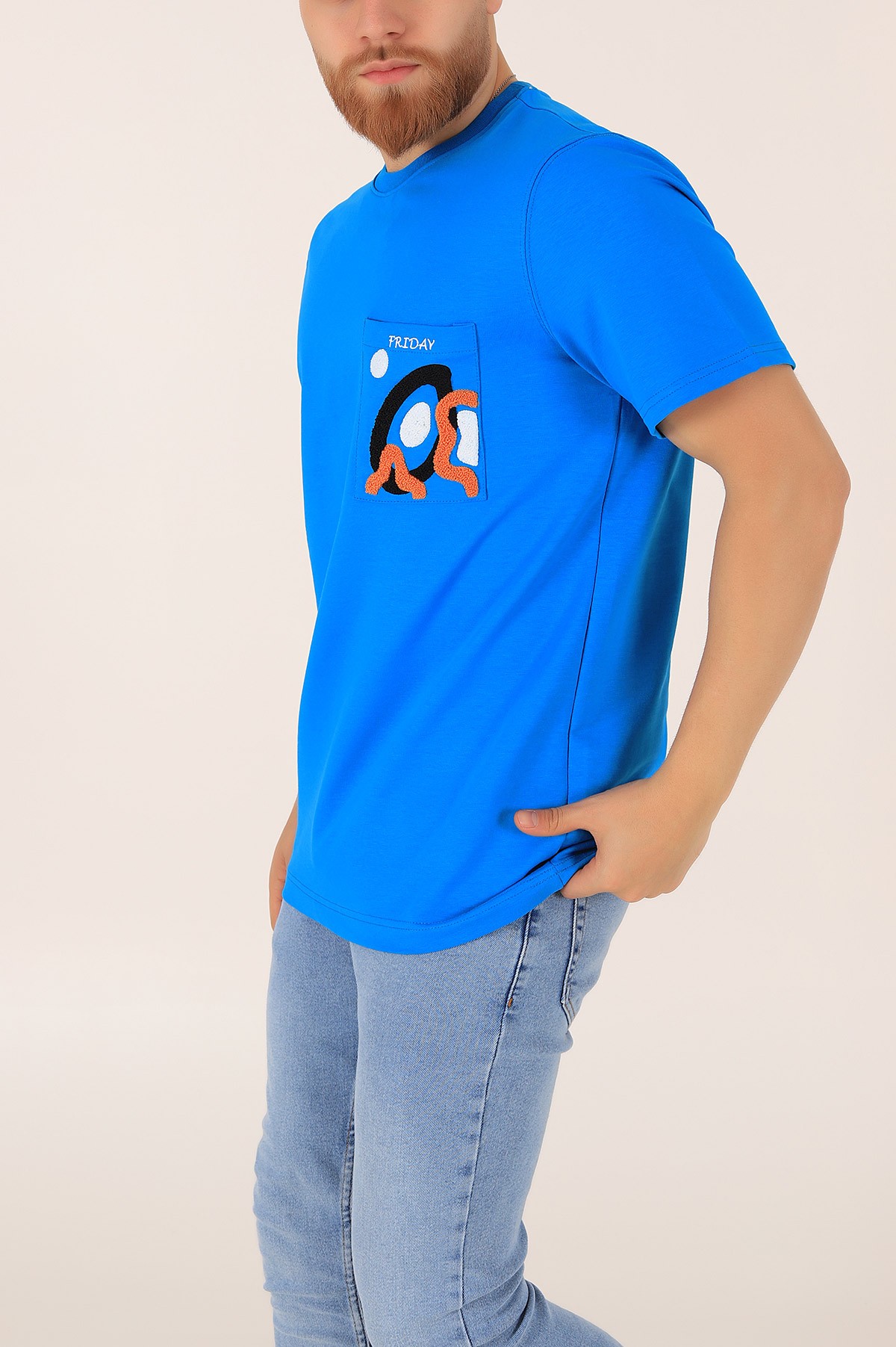Mavi İki İp İşlemeli Oversize Erkek Tişört 163745