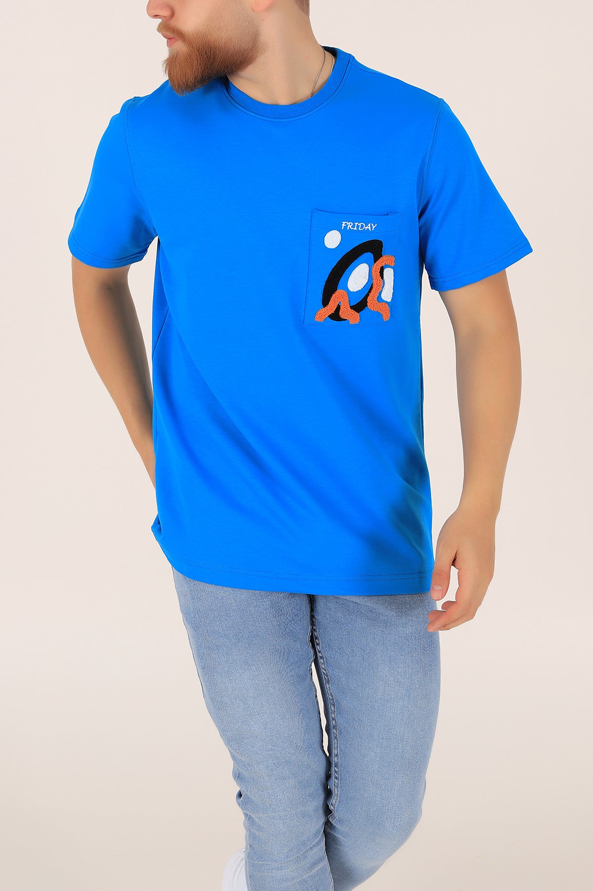 Mavi İki İp İşlemeli Oversize Erkek Tişört 163745