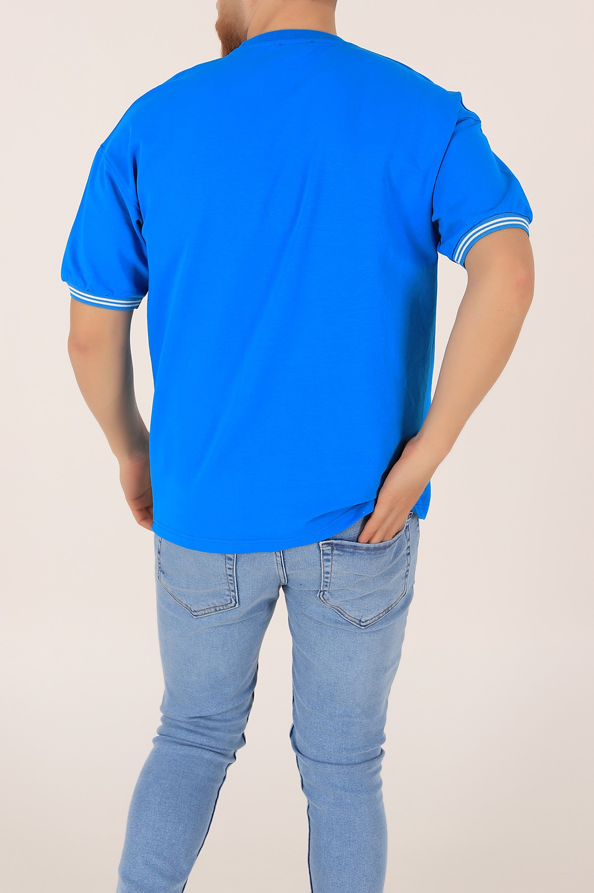 Mavi İki İp İşlemeli Oversize Tişört 163546