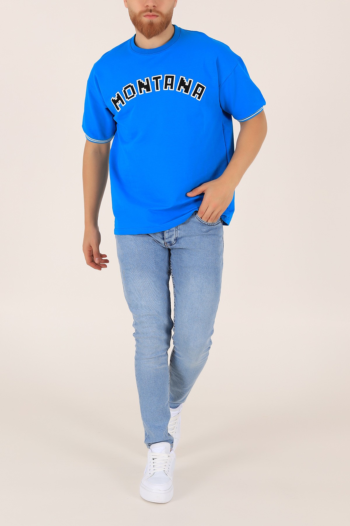 Mavi İki İp İşlemeli Oversize Tişört 163546