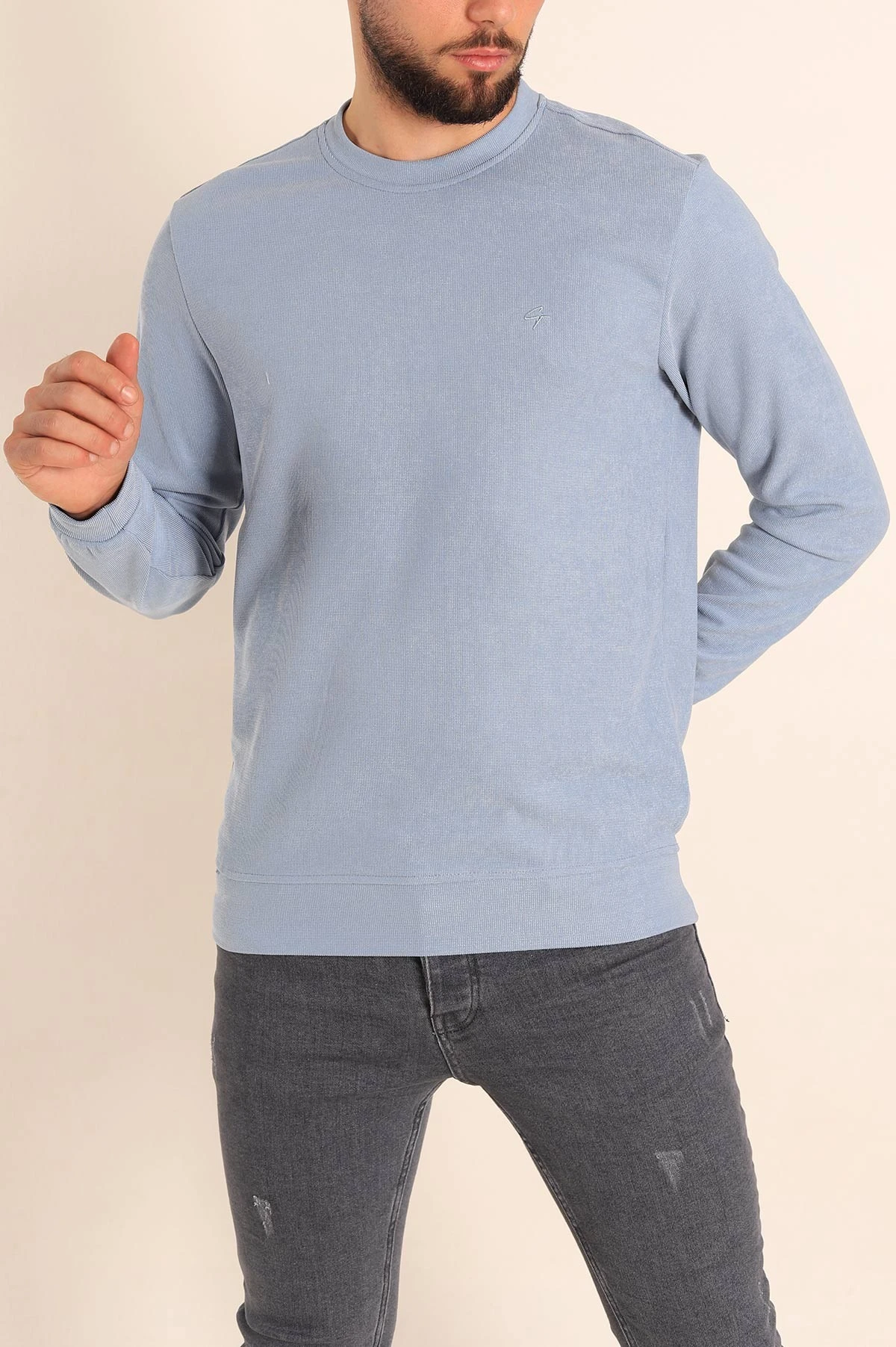 Mavi Jakarlı Bisiklet Yaka Erkek Sweatshirt 236815