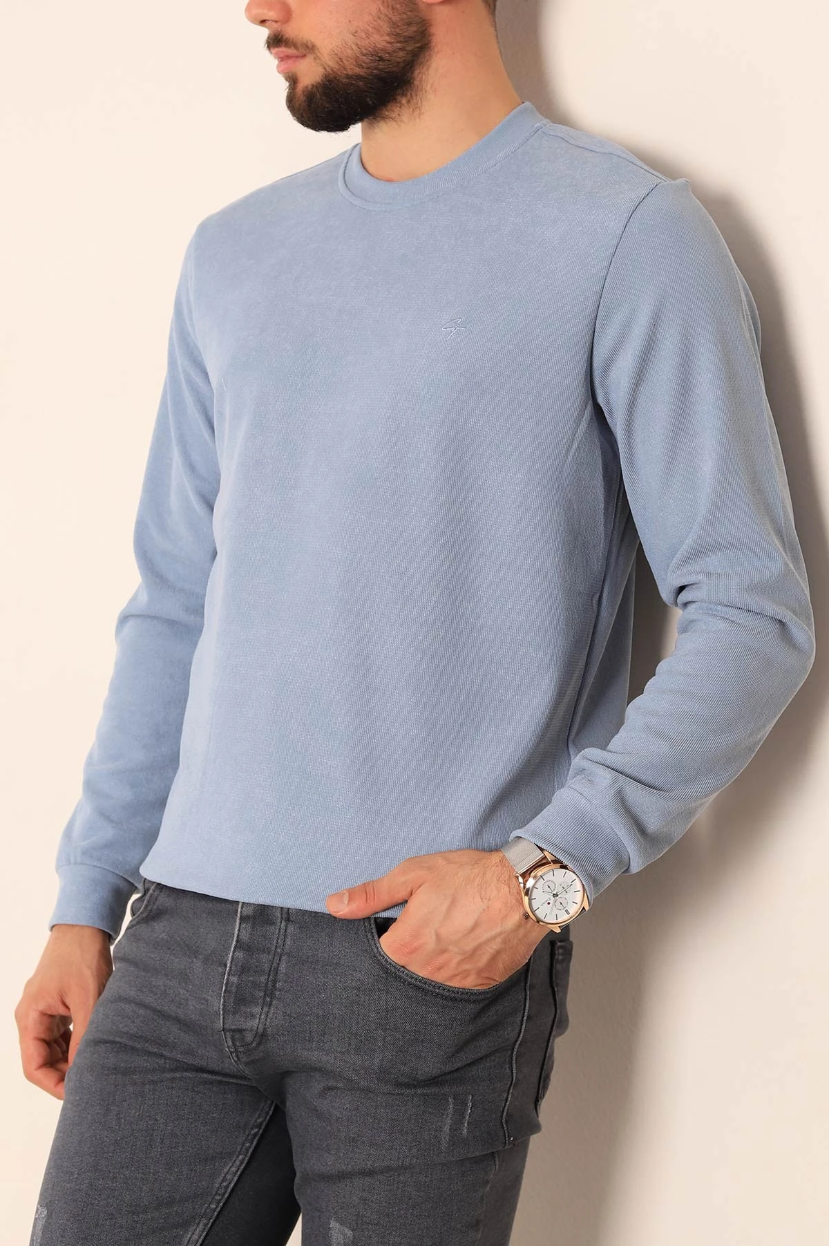 Mavi Jakarlı Bisiklet Yaka Erkek Sweatshirt 236815