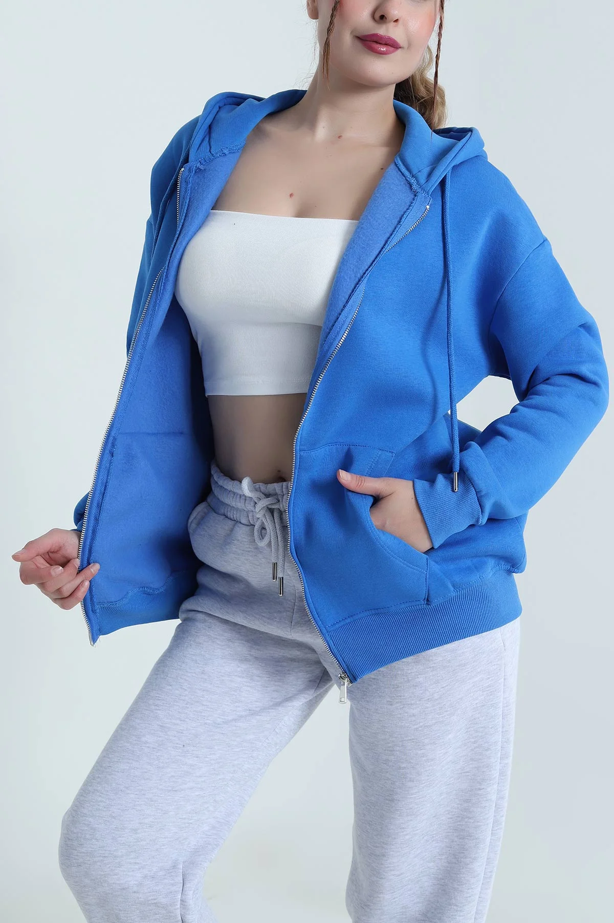 Mavi Kapşonlu Şardonlu Üç İp Kadın Sweat 482262
