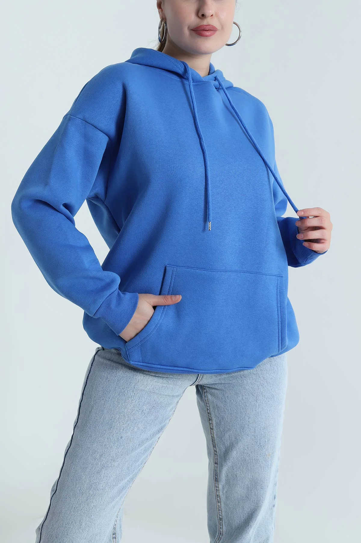 Mavi Kapşonlu Şardonlu Üç İp Kadın Sweat 484977
