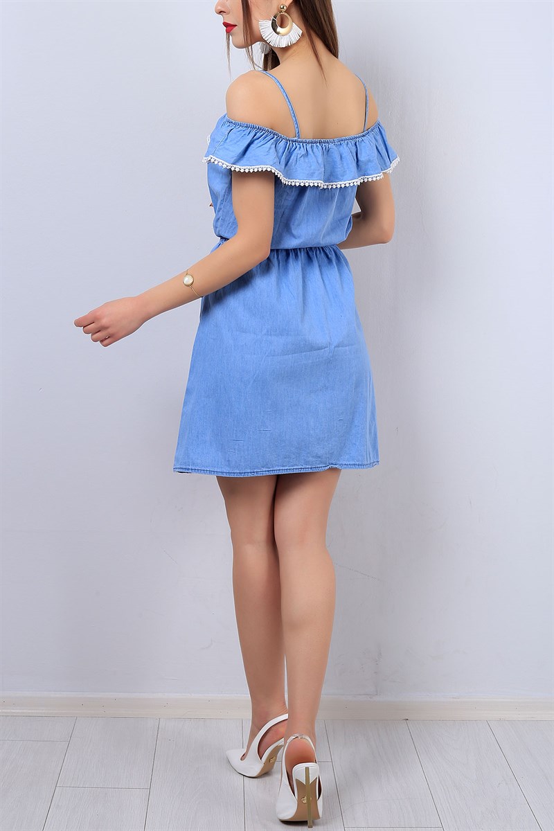 Mavi Kayık Yaka Askılı Bayan Elbise 12928B