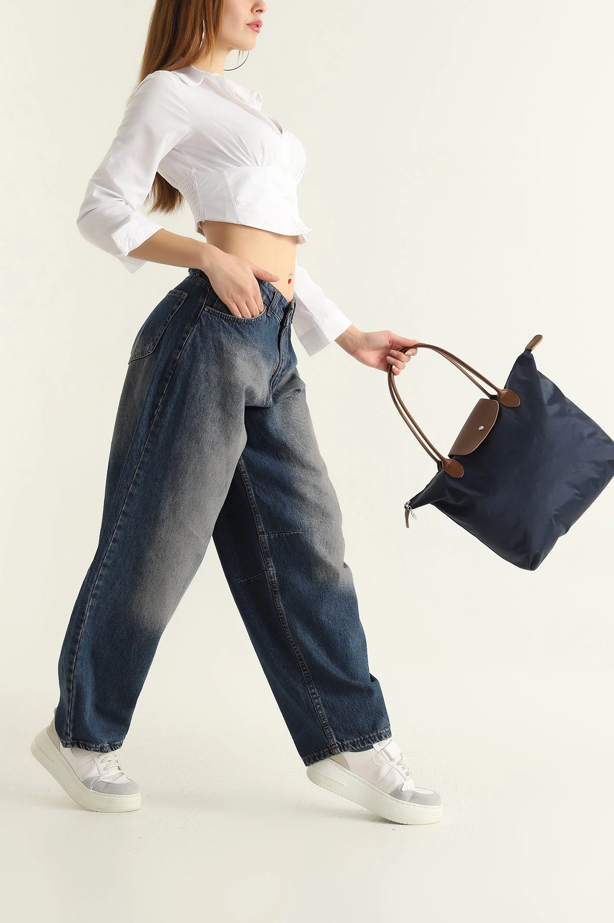 Mavi Kemer Detay Baggy Bayan Kot Pantolon 302147