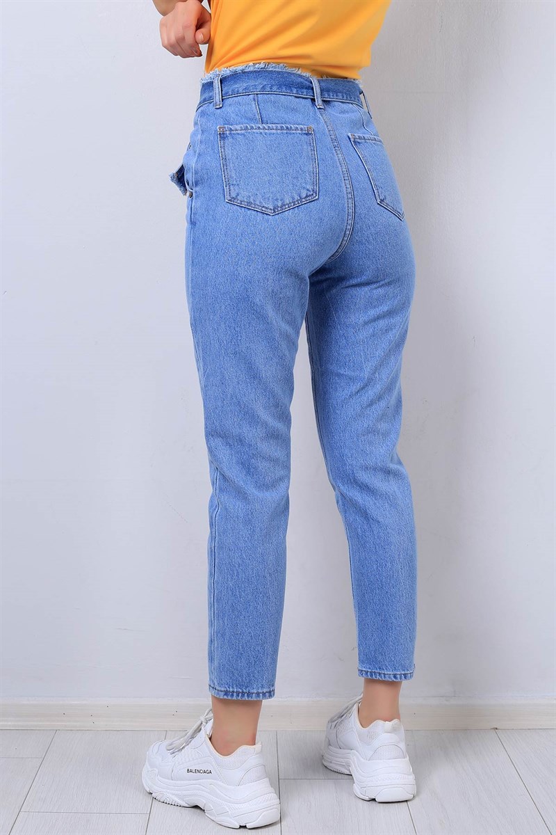 Mavi Kemerli Bayan Mom Kot Pantolon 13560B
