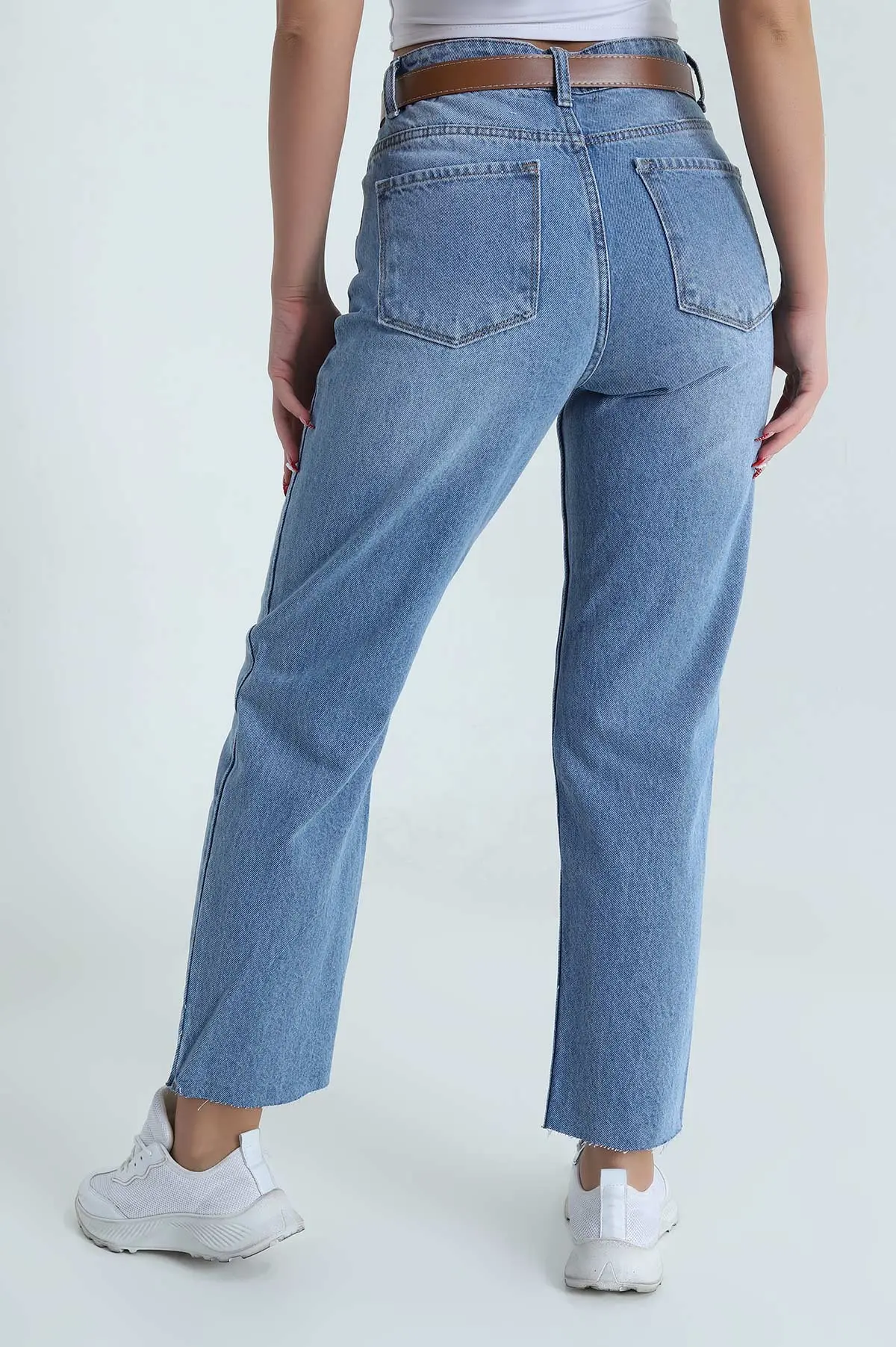 Mavi Kemerli Lazer Paça Kadın Kot Pantolon 473679