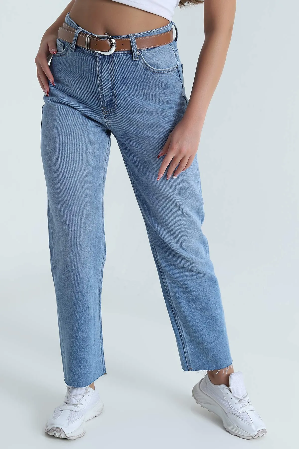 Mavi Kemerli Lazer Paça Kadın Kot Pantolon 473679