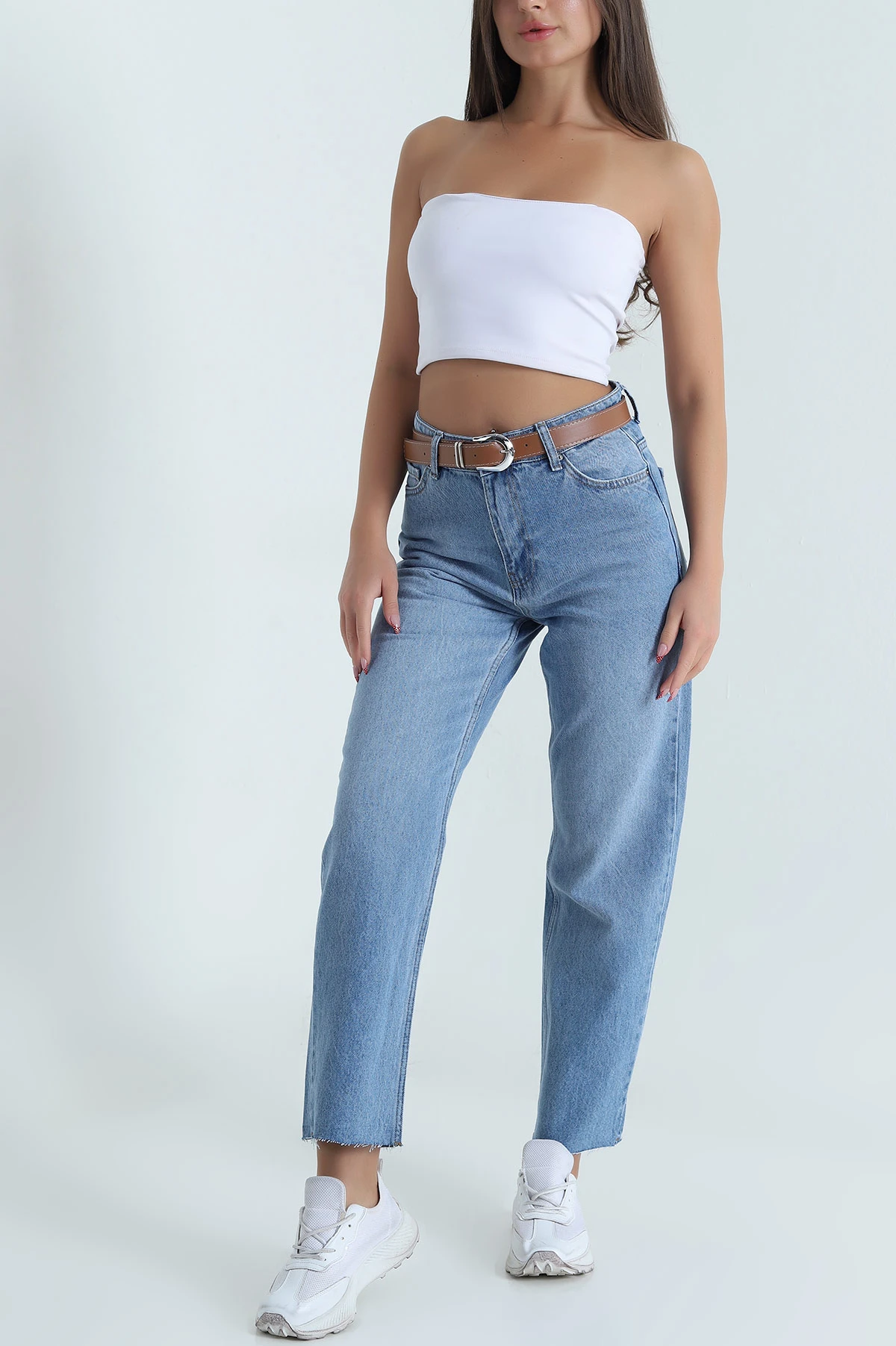 Mavi Kemerli Lazer Paça Kadın Kot Pantolon 473679