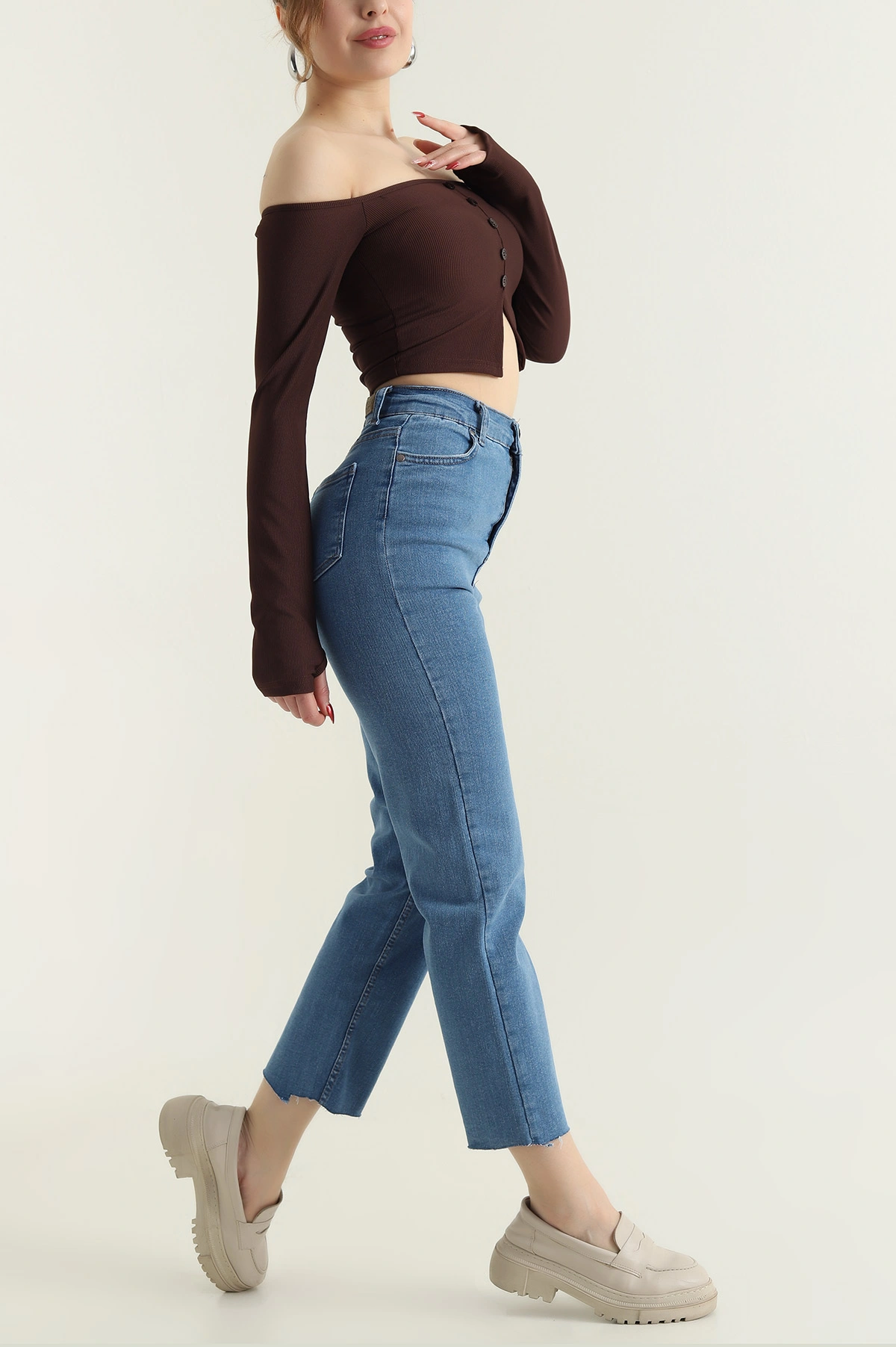 Mavi Kesik Paça Boyfit Likralı Kot Pantolon 429263