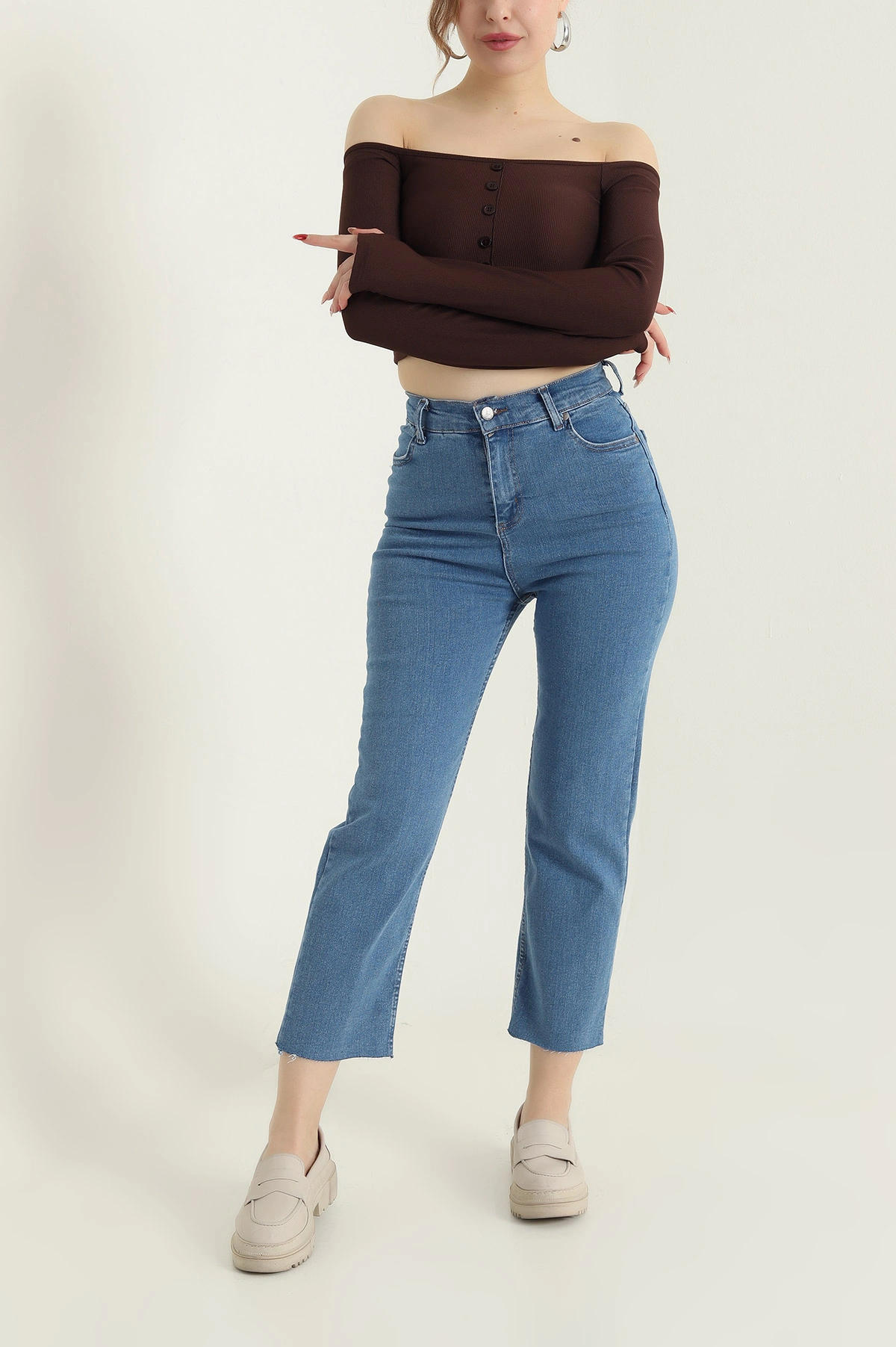 Mavi Kesik Paça Boyfit Likralı Kot Pantolon 429263