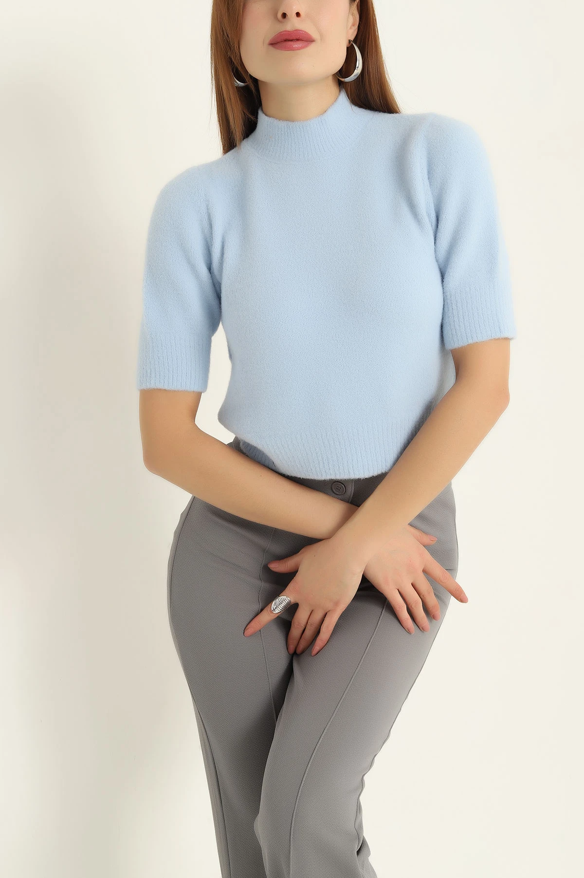 Mavi Kısa Kol Keçe Sakal Triko Bluz 316639
