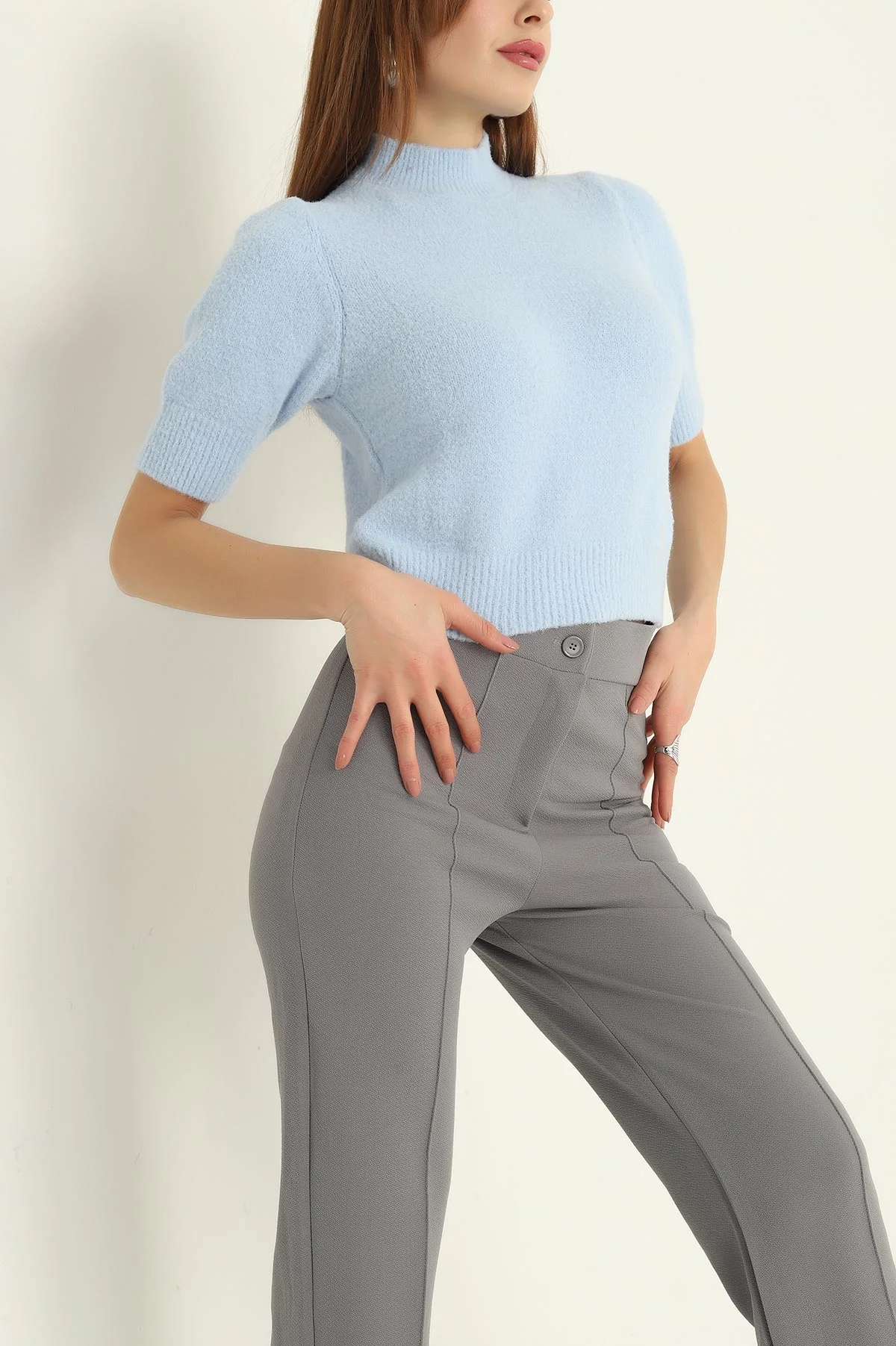Mavi Kısa Kol Keçe Sakal Triko Bluz 316639